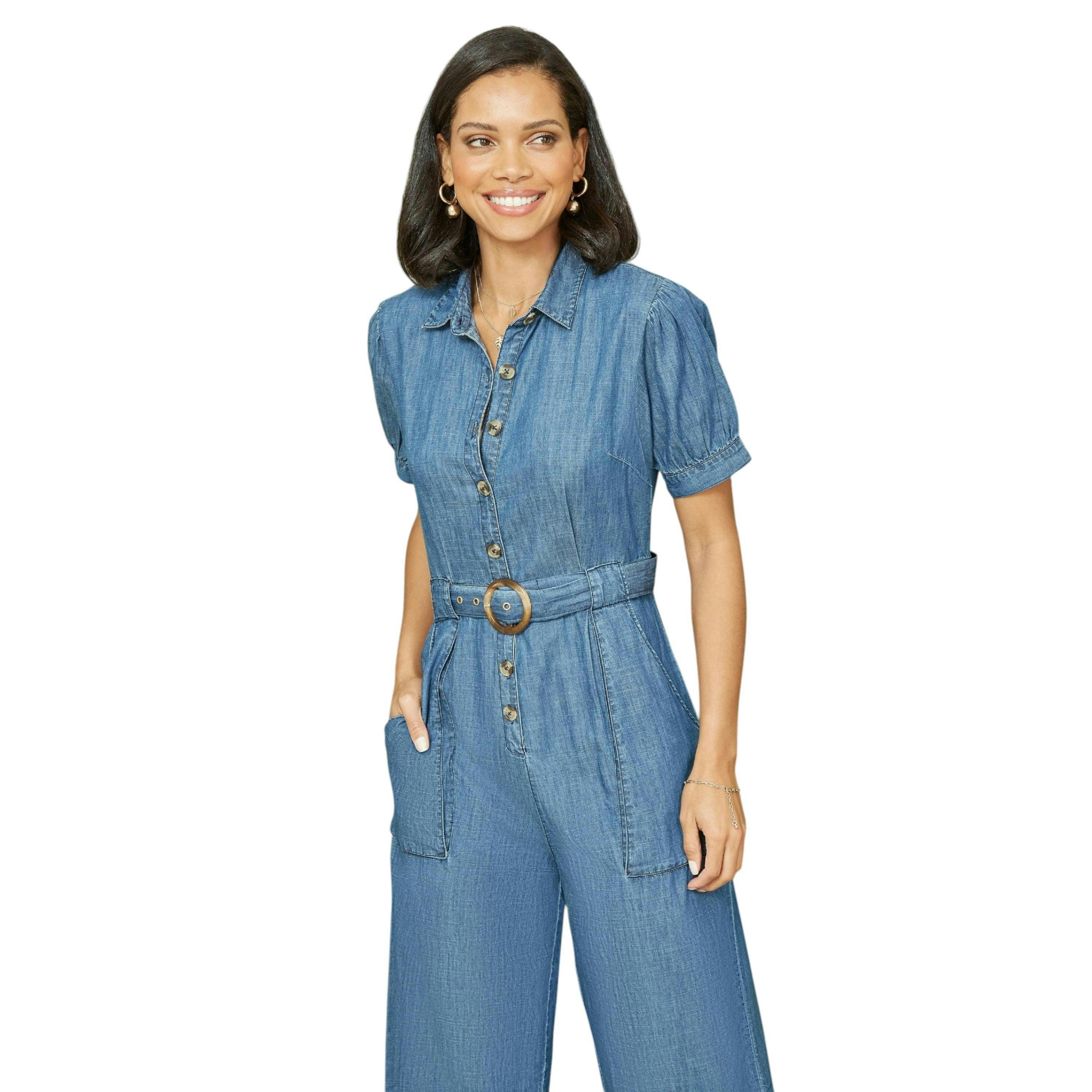 Yumi Blue Cotton Chambray Button Up Jumpsuit , view 1 of 4