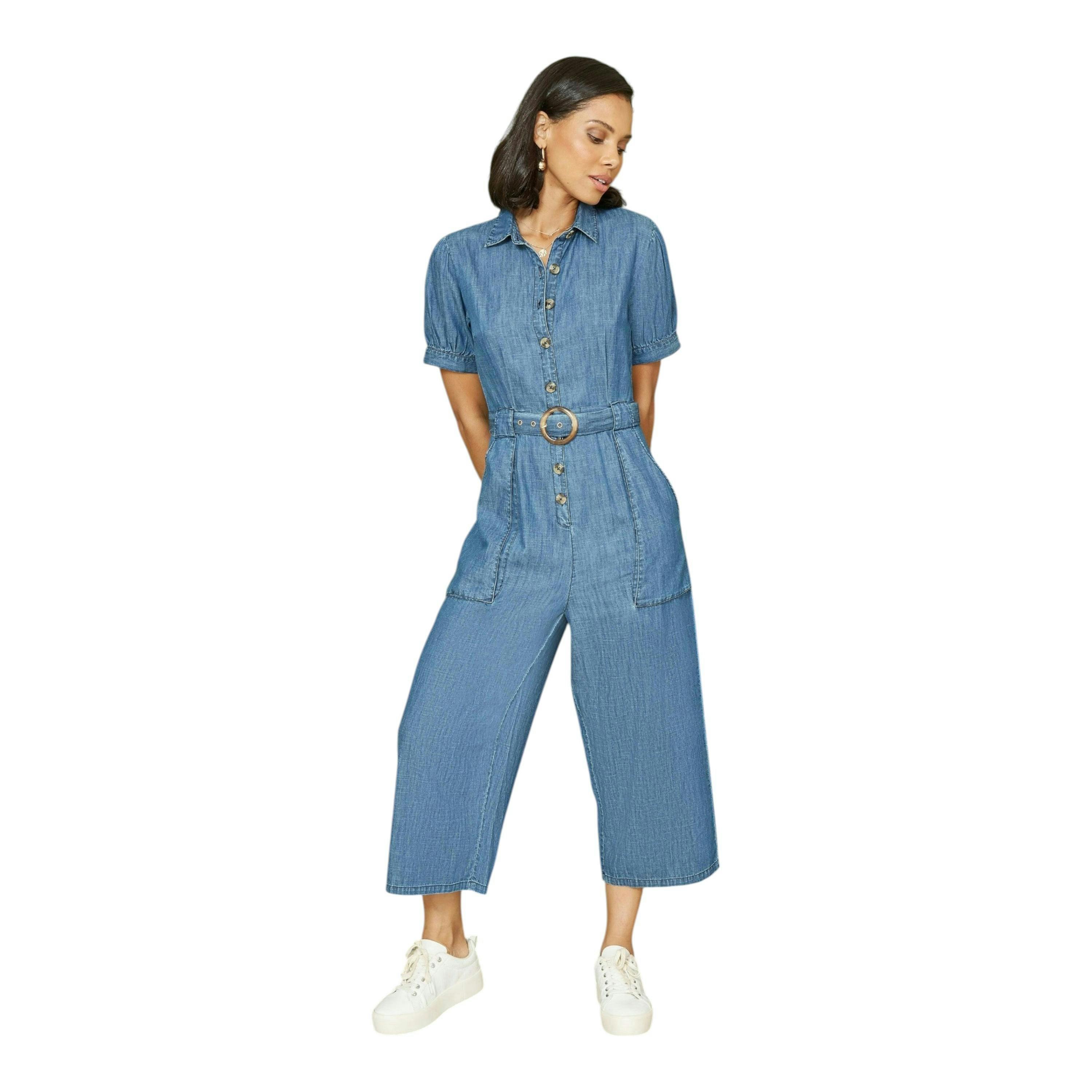 Yumi Blue Cotton Chambray Button Up Jumpsuit , view 2 of 4