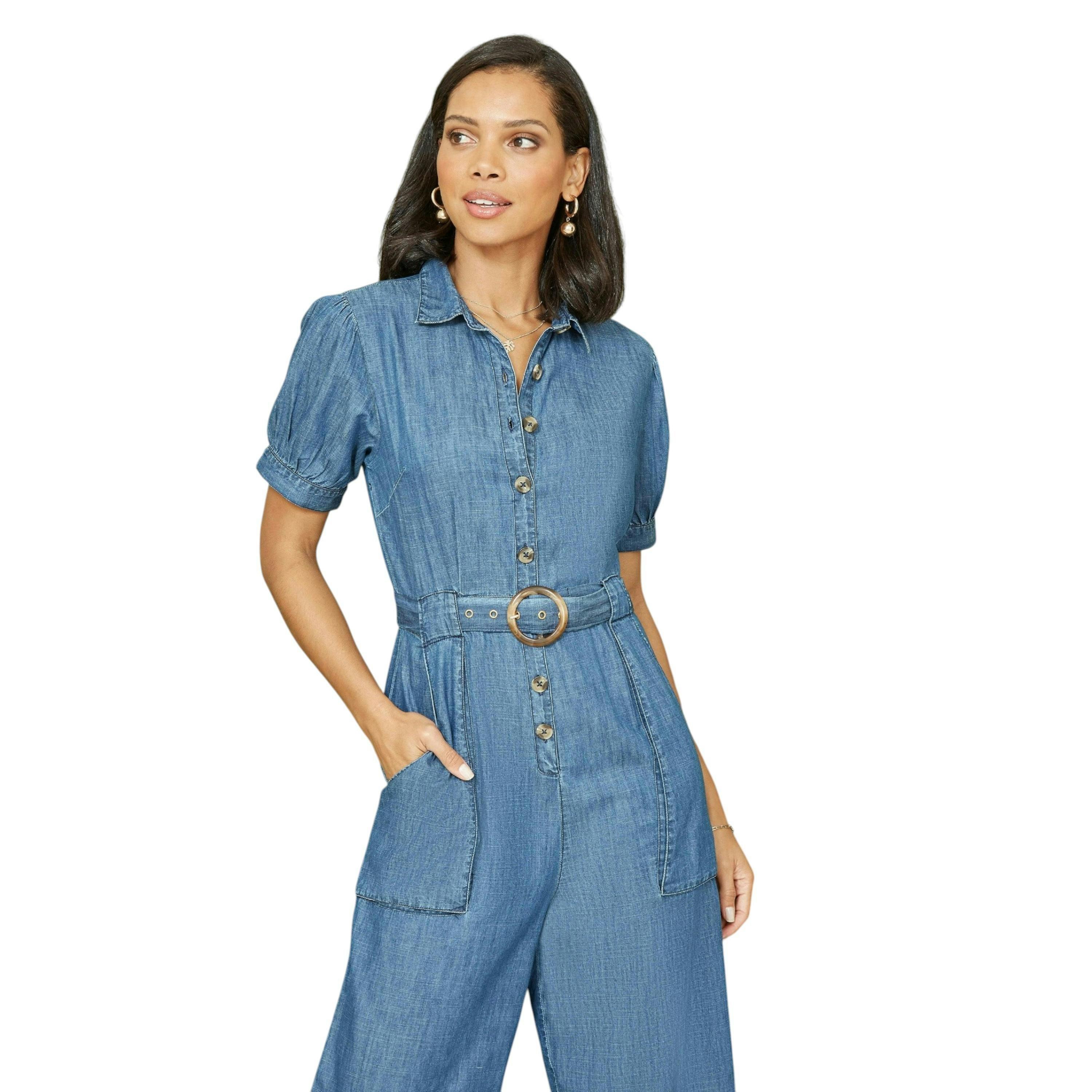 Yumi Blue Cotton Chambray Button Up Jumpsuit , view 3 of 4