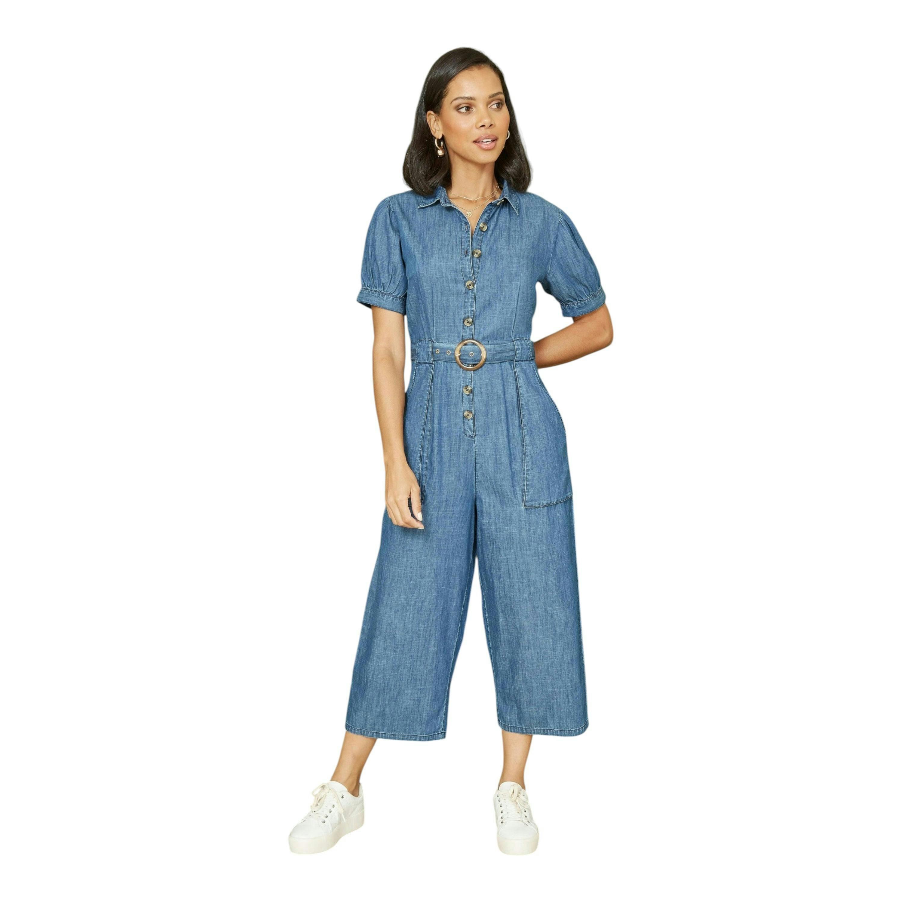 Yumi Blue Cotton Chambray Button Up Jumpsuit , view 4 of 4