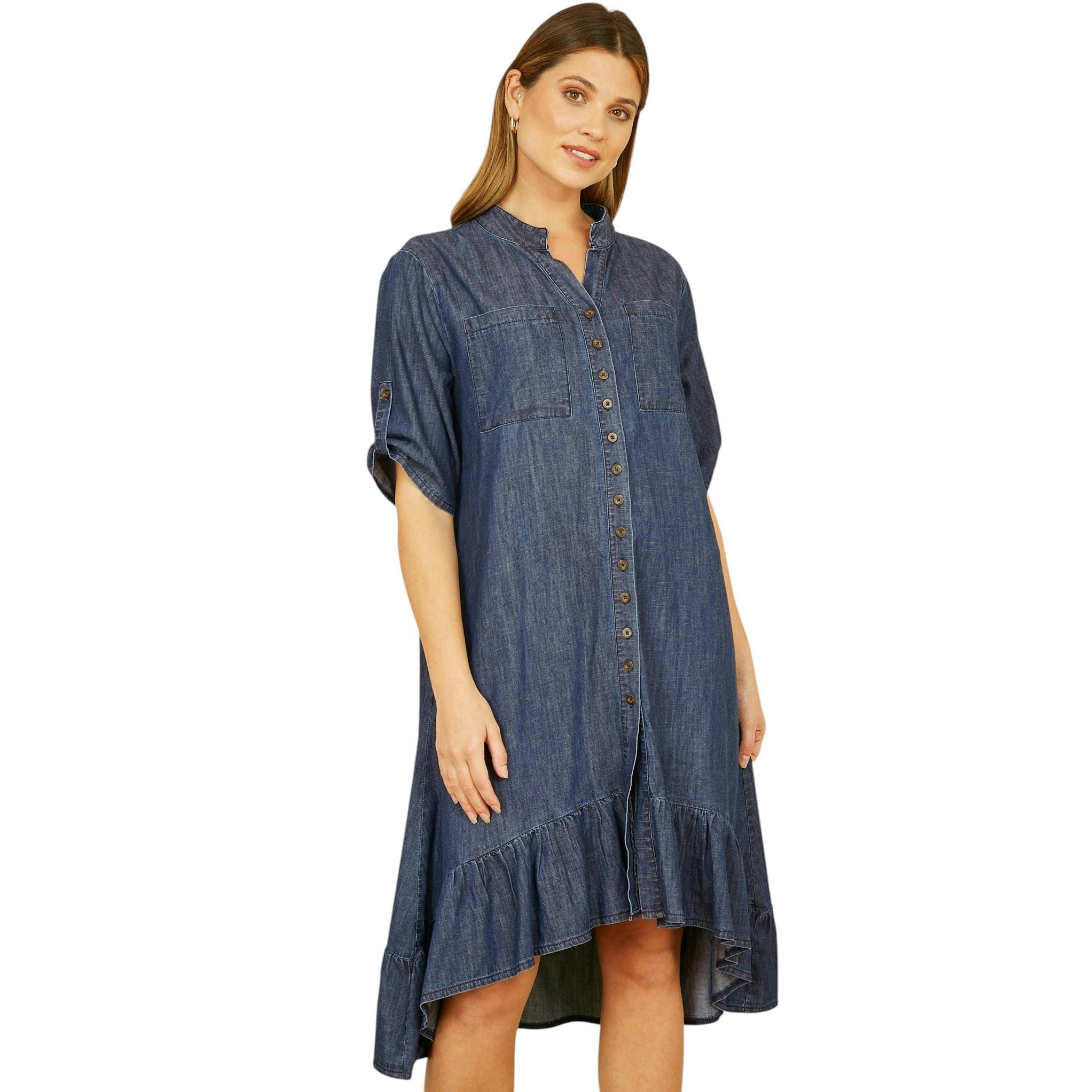 Yumi Blue Chambray Denim Dip Hem Relaxed Fit Shirt Dress , view 1 of 4