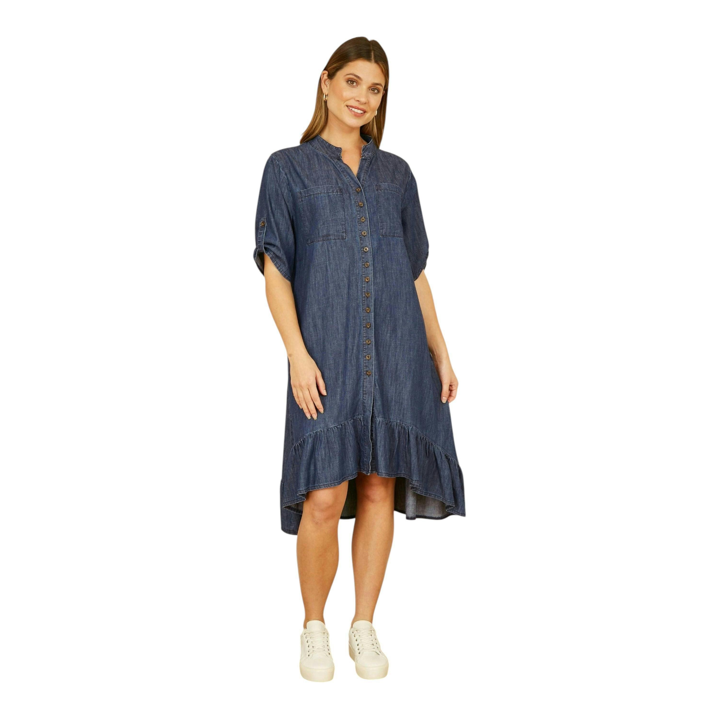 Yumi Blue Chambray Denim Dip Hem Relaxed Fit Shirt Dress , view 2 of 4