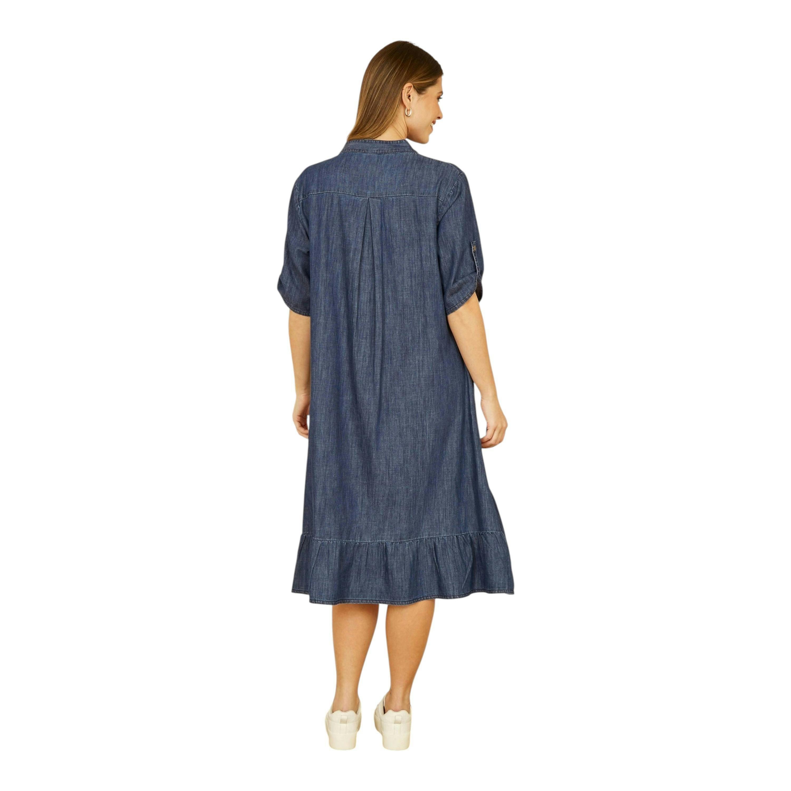 Yumi Blue Chambray Denim Dip Hem Relaxed Fit Shirt Dress , view 3 of 4