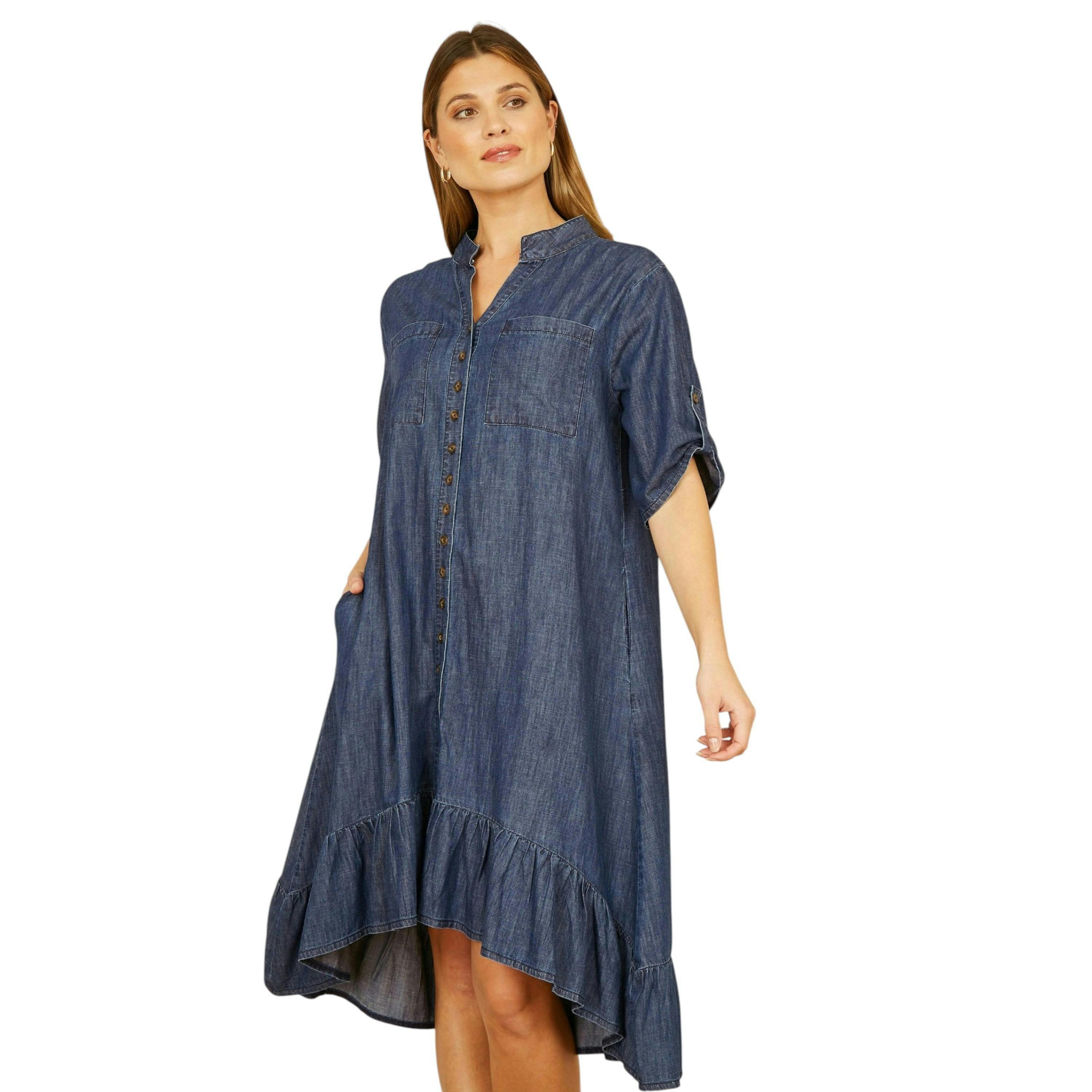 Yumi Blue Chambray Denim Dip Hem Relaxed Fit Shirt Dress , view 4 of 4