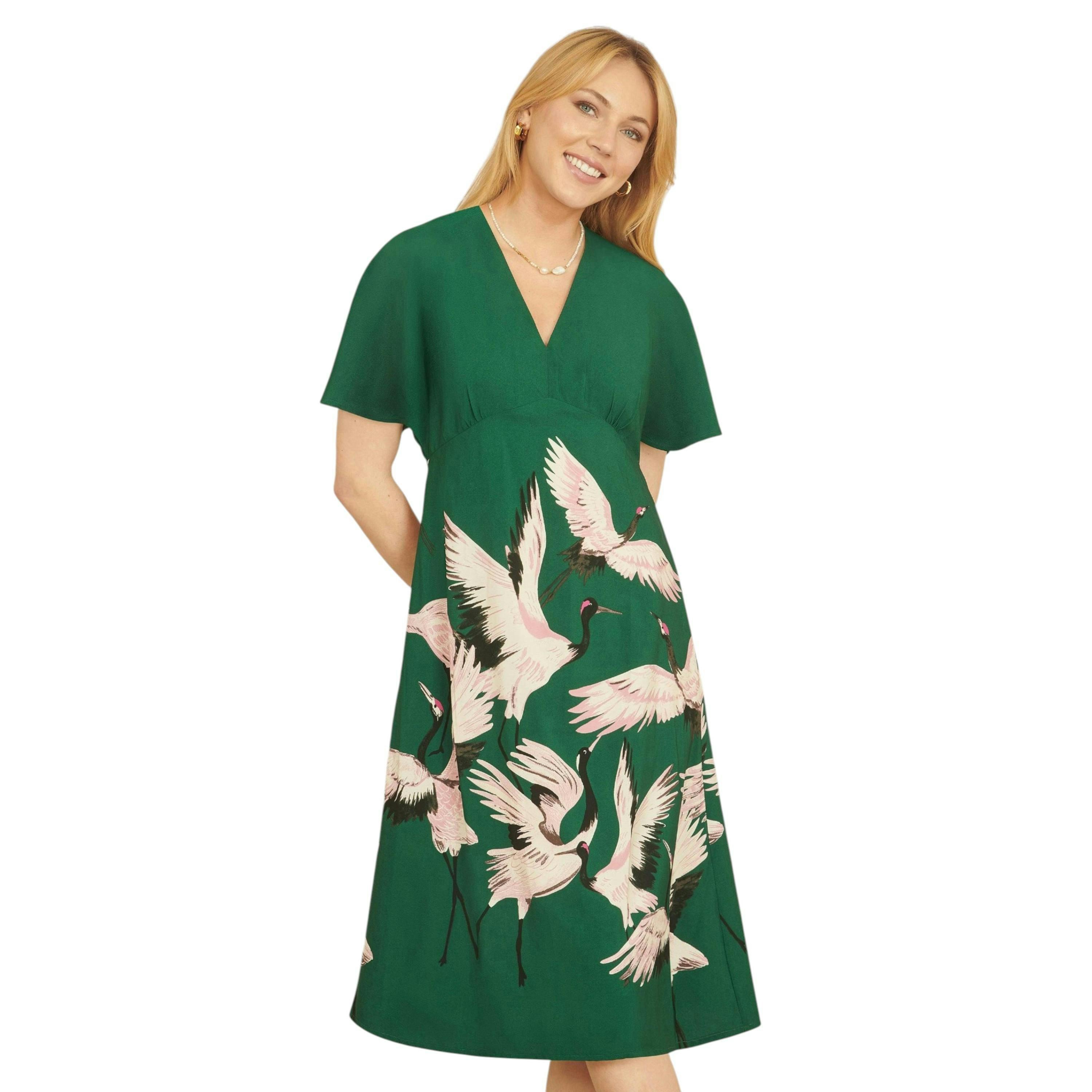 Yumi Green Recycled Fabric Crane Print Kimono Midi Dress , view 1 of 4