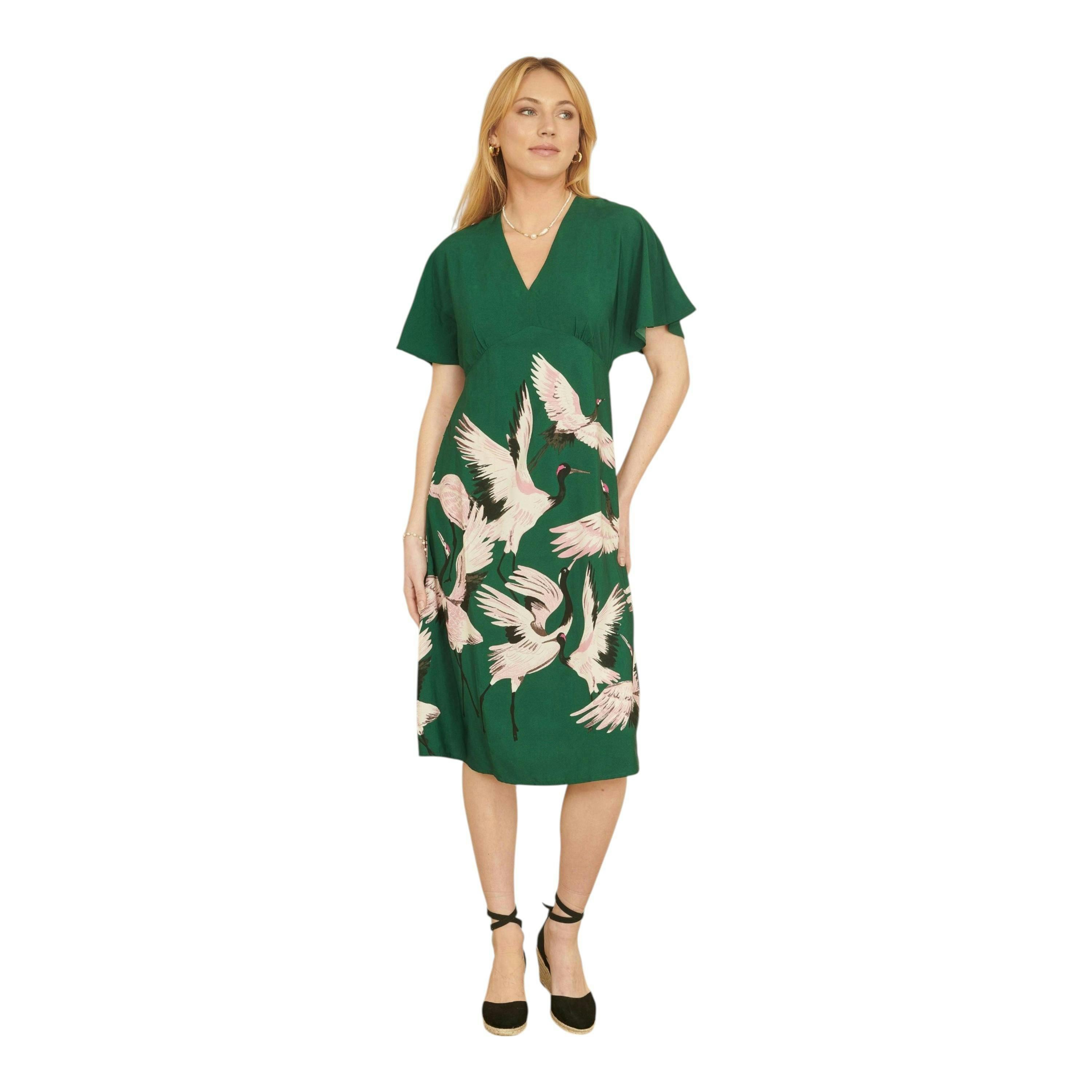 Yumi Green Recycled Fabric Crane Print Kimono Midi Dress , view 2 of 4