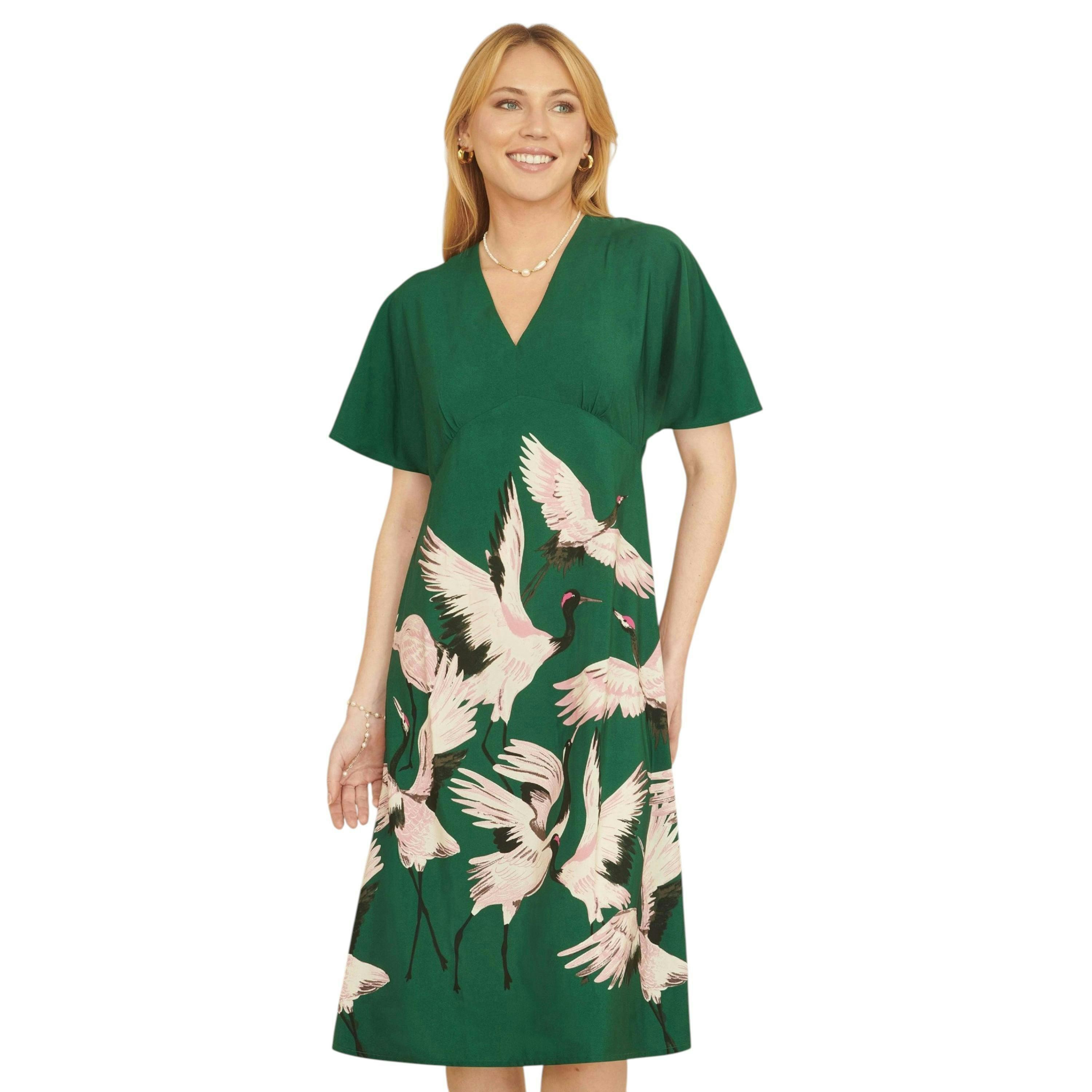Yumi Green Recycled Fabric Crane Print Kimono Midi Dress , view 3 of 4