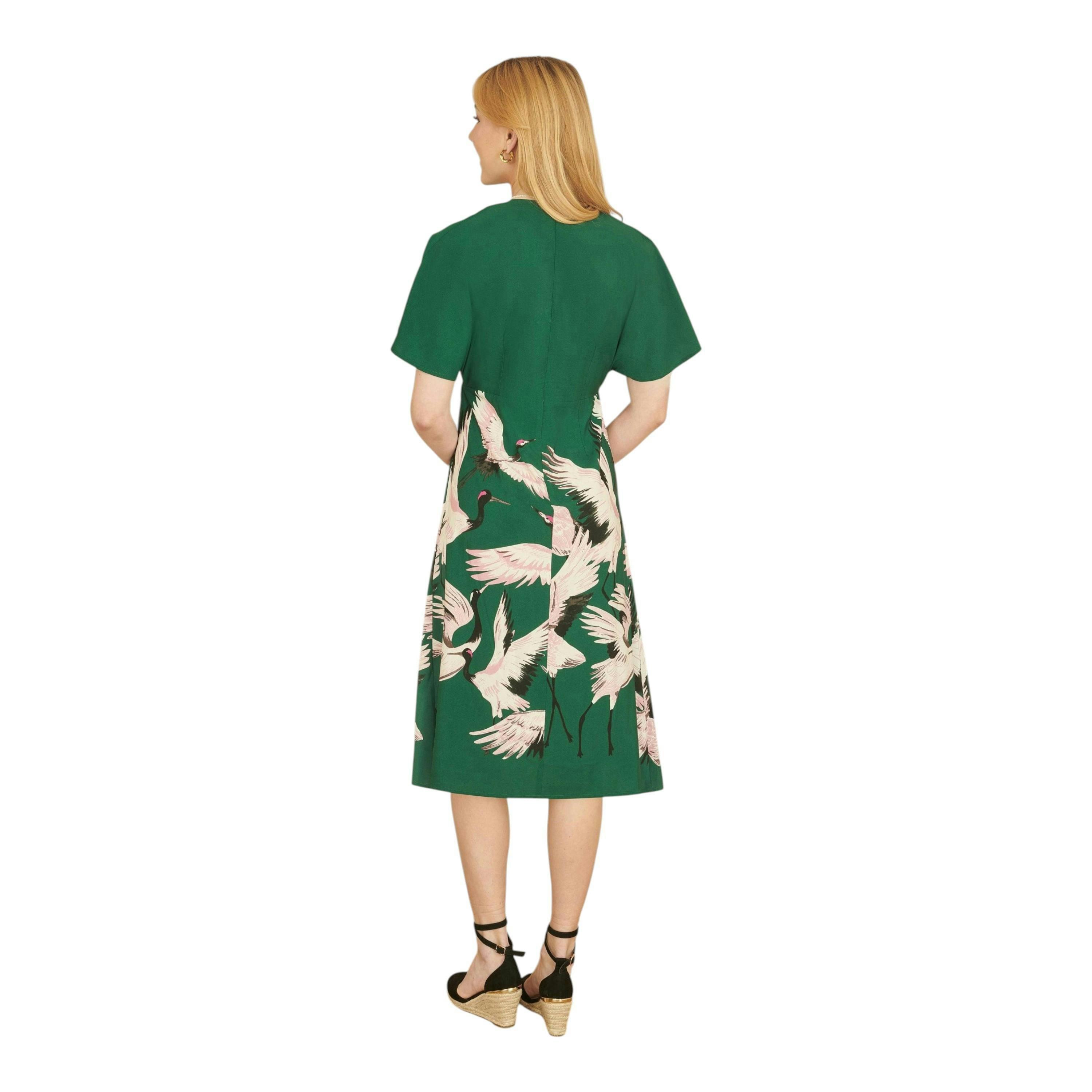Yumi Green Recycled Fabric Crane Print Kimono Midi Dress , view 4 of 4