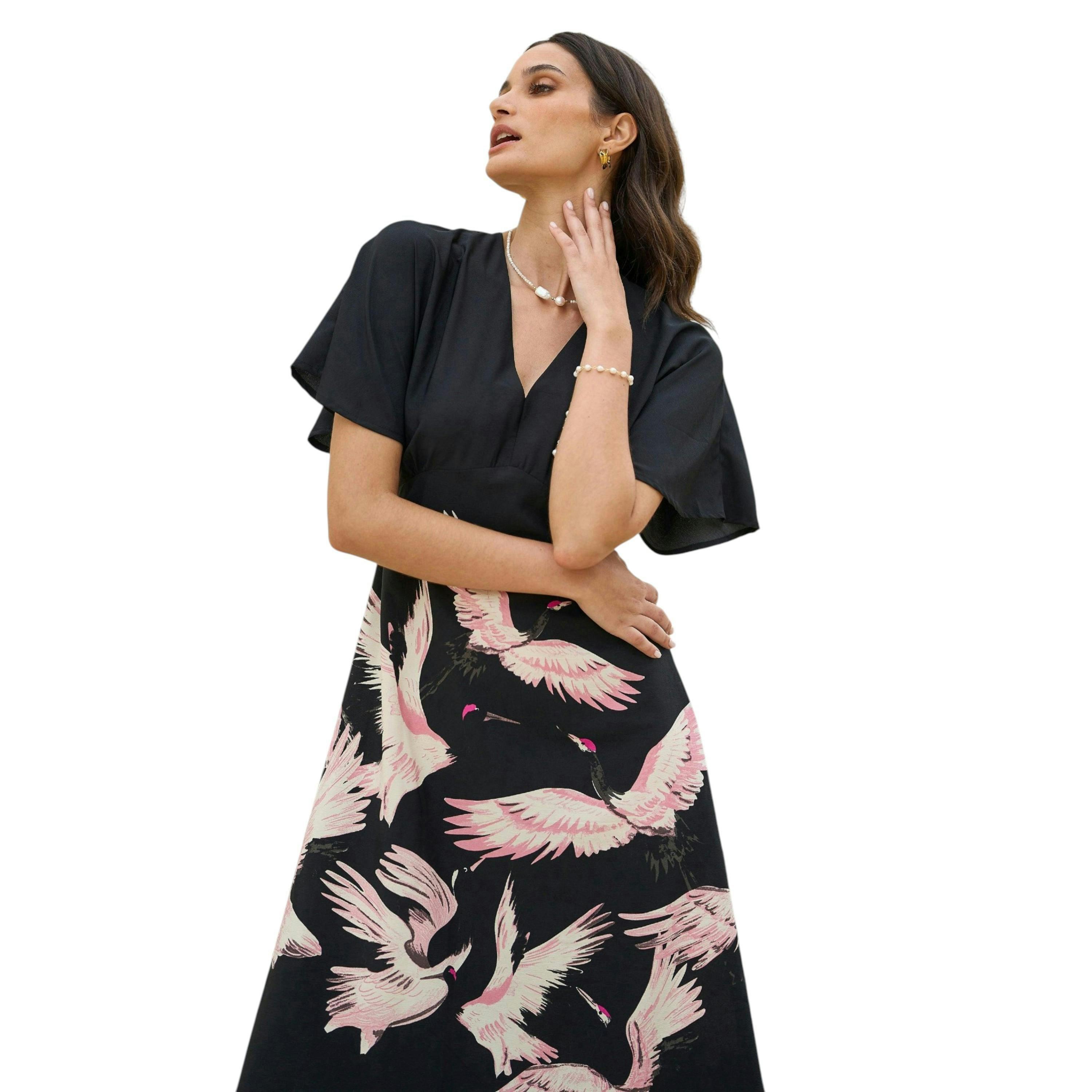 Yumi Black Recycled Fabric Crane Print Kimono Midi Dress , view 1 of 5