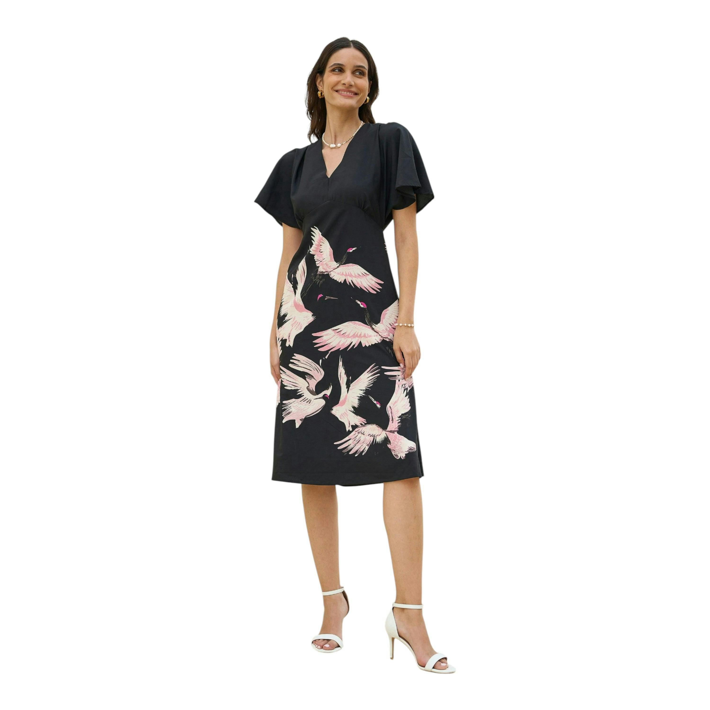 Yumi Black Recycled Fabric Crane Print Kimono Midi Dress , view 2 of 5