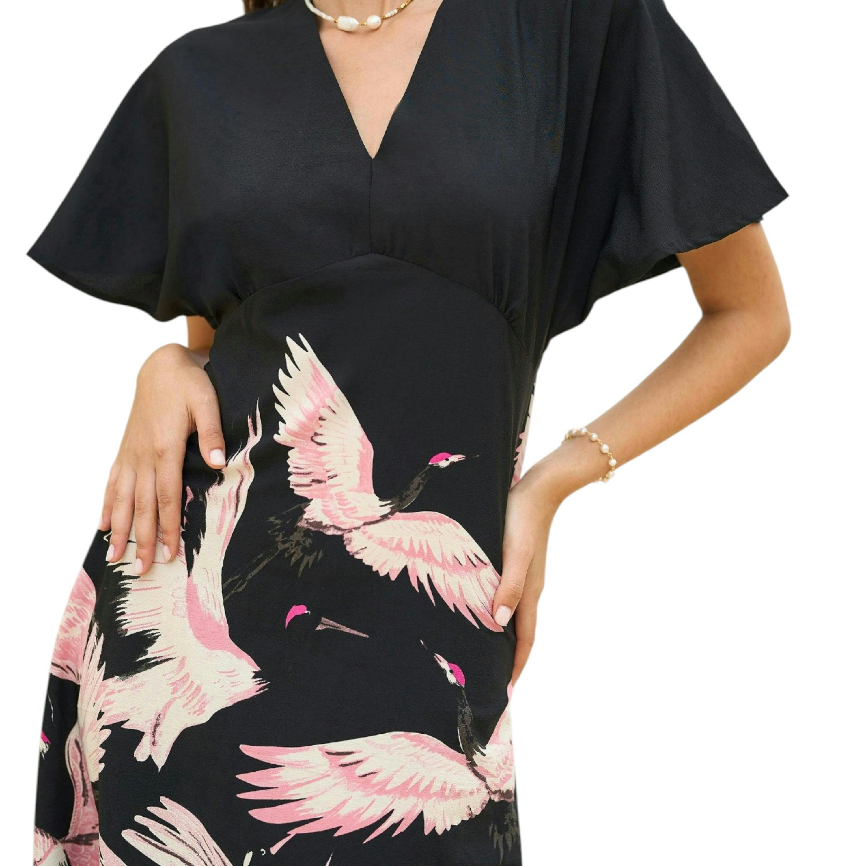 Yumi Black Recycled Fabric Crane Print Kimono Midi Dress , view 3 of 5