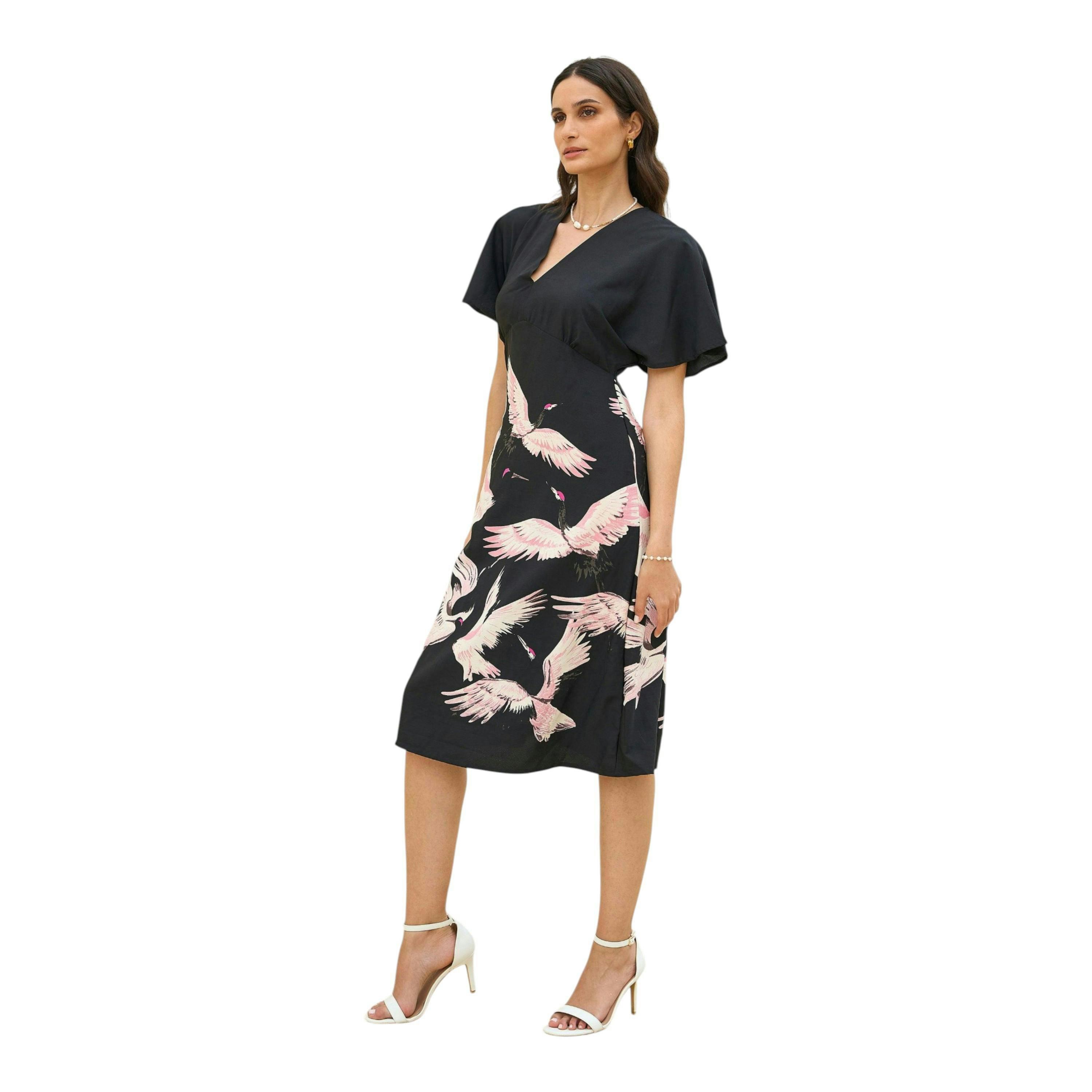 Yumi Black Recycled Fabric Crane Print Kimono Midi Dress , view 4 of 5