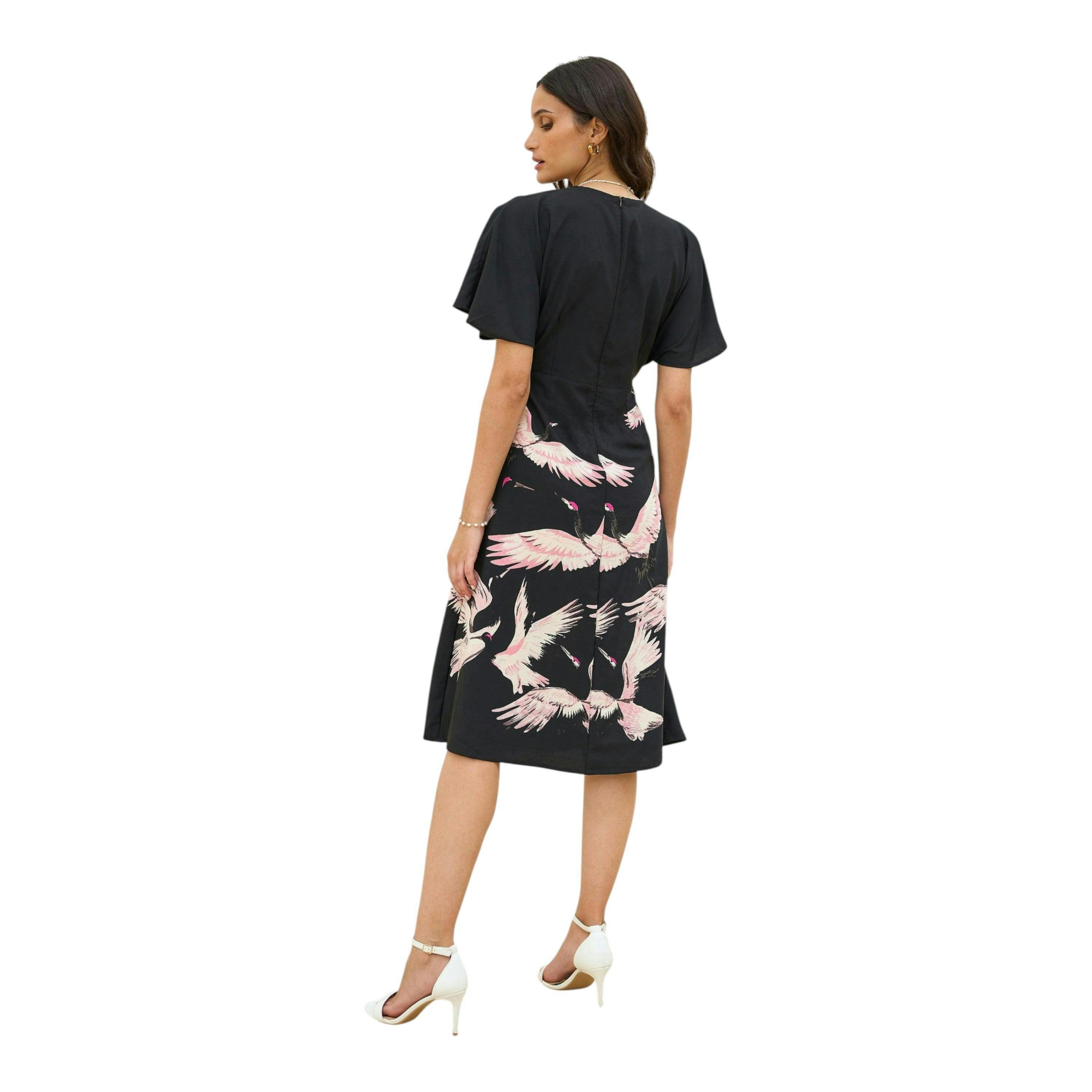 Yumi Black Recycled Fabric Crane Print Kimono Midi Dress , view 5 of 5