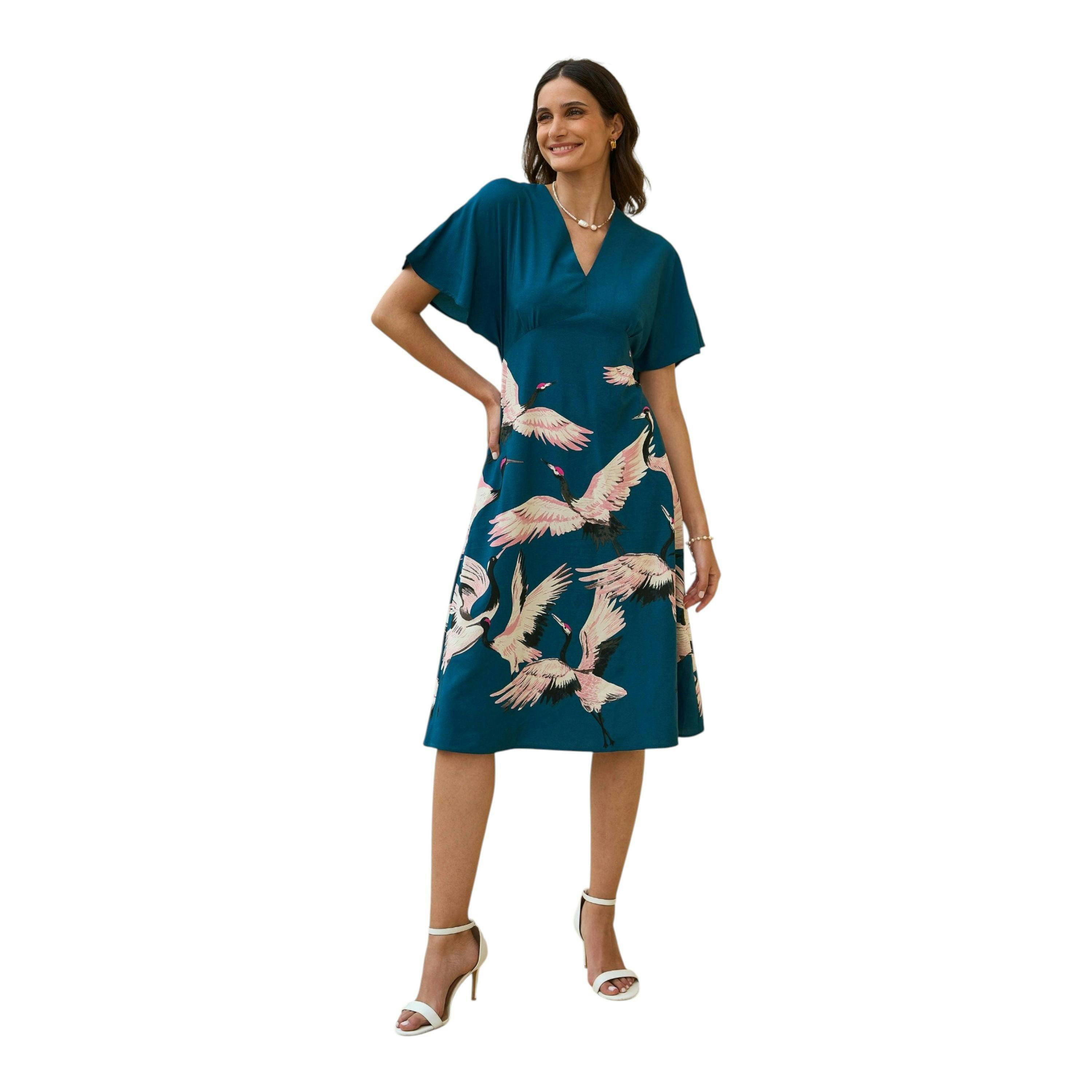 Yumi Teal Recycled Fabric Crane Print Kimono Midi Dress , view 1 of 6