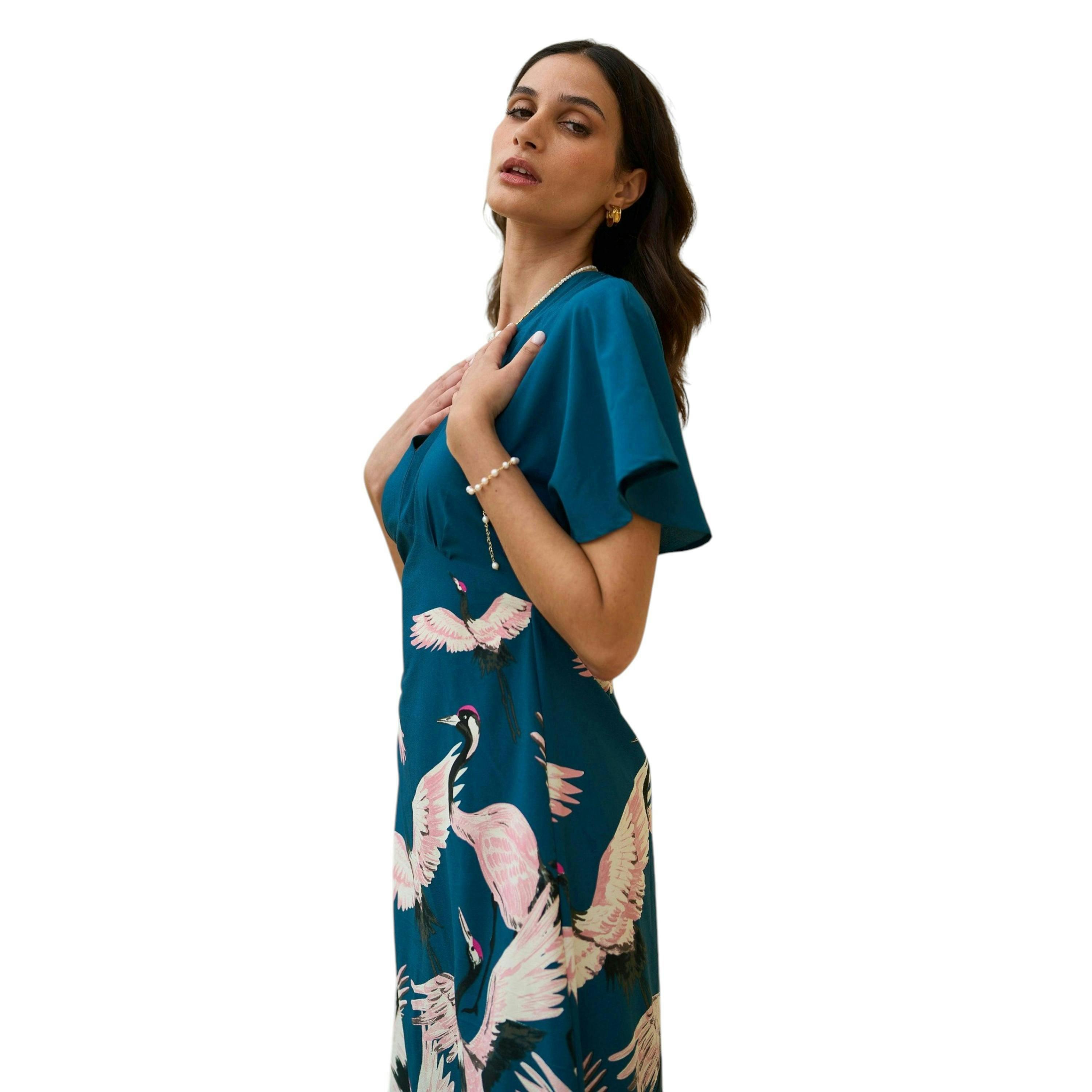 Yumi Teal Recycled Fabric Crane Print Kimono Midi Dress , view 2 of 6