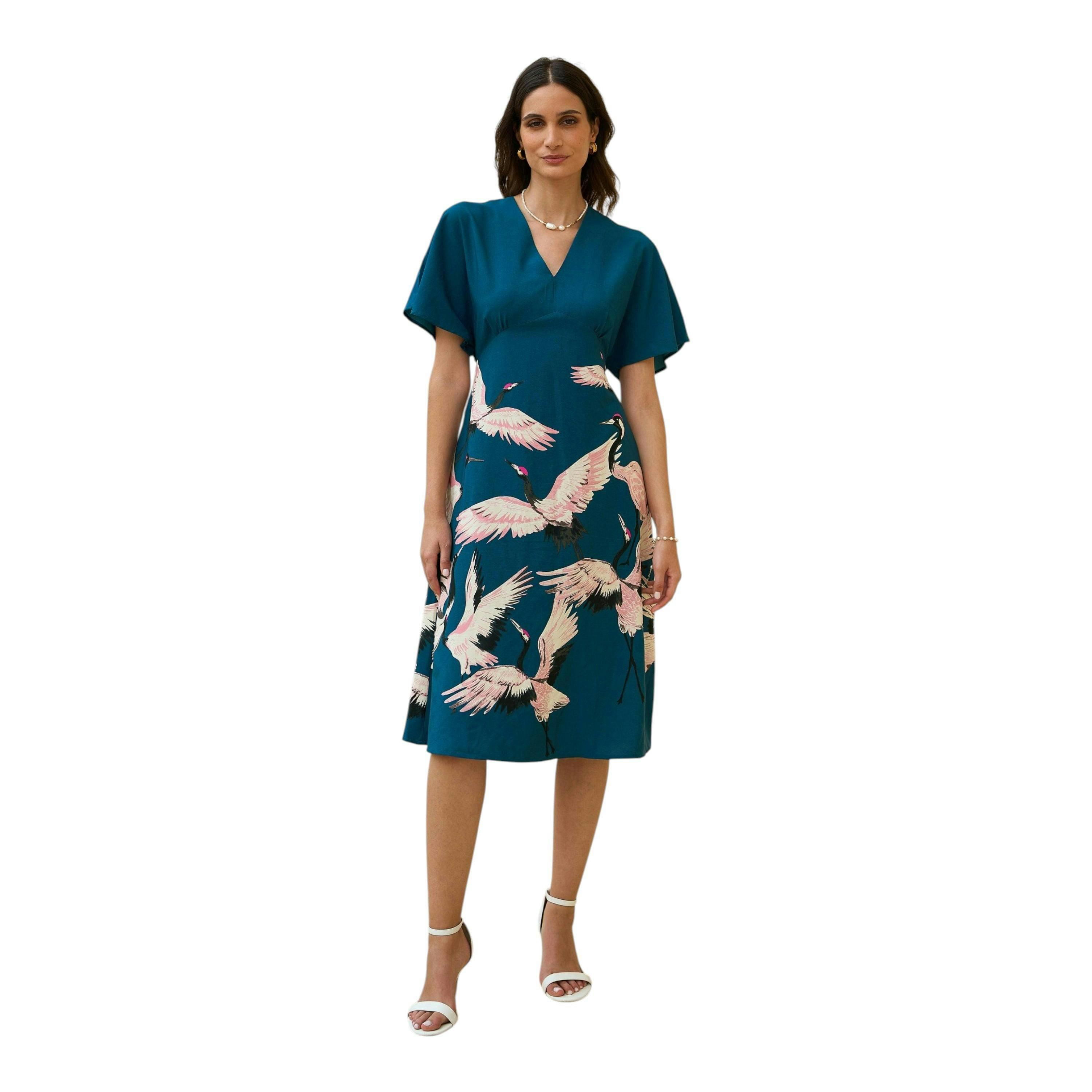 Yumi Teal Recycled Fabric Crane Print Kimono Midi Dress , view 3 of 6
