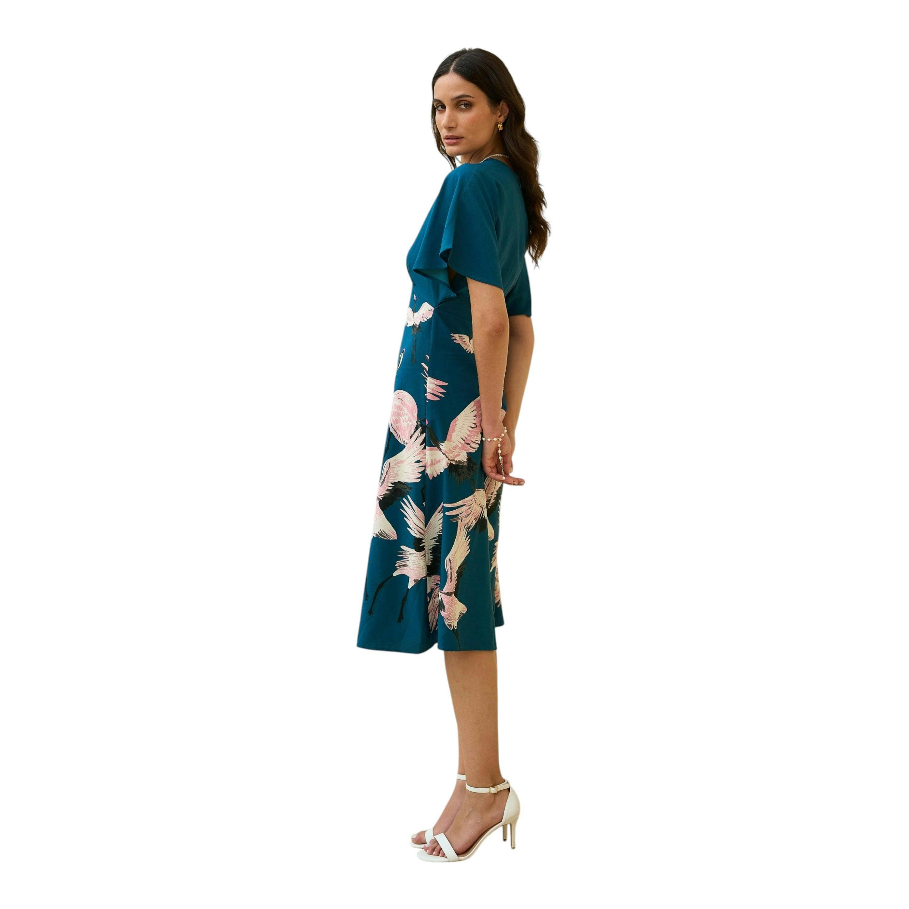 Yumi Teal Recycled Fabric Crane Print Kimono Midi Dress , view 4 of 6