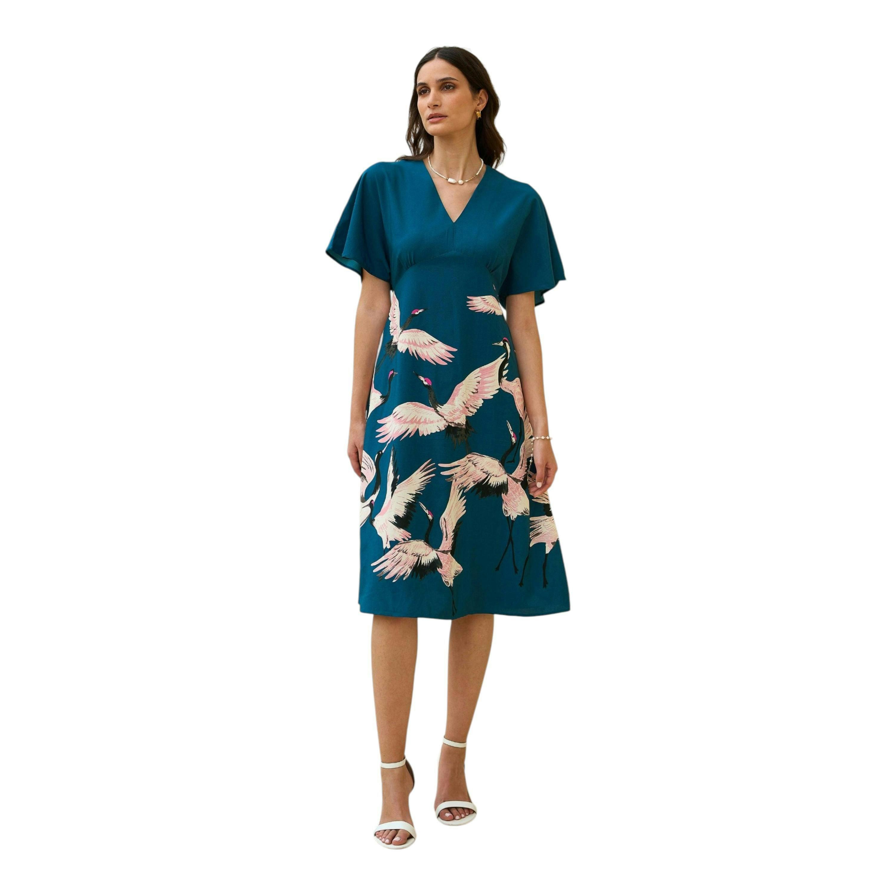 Yumi Teal Recycled Fabric Crane Print Kimono Midi Dress , view 5 of 6