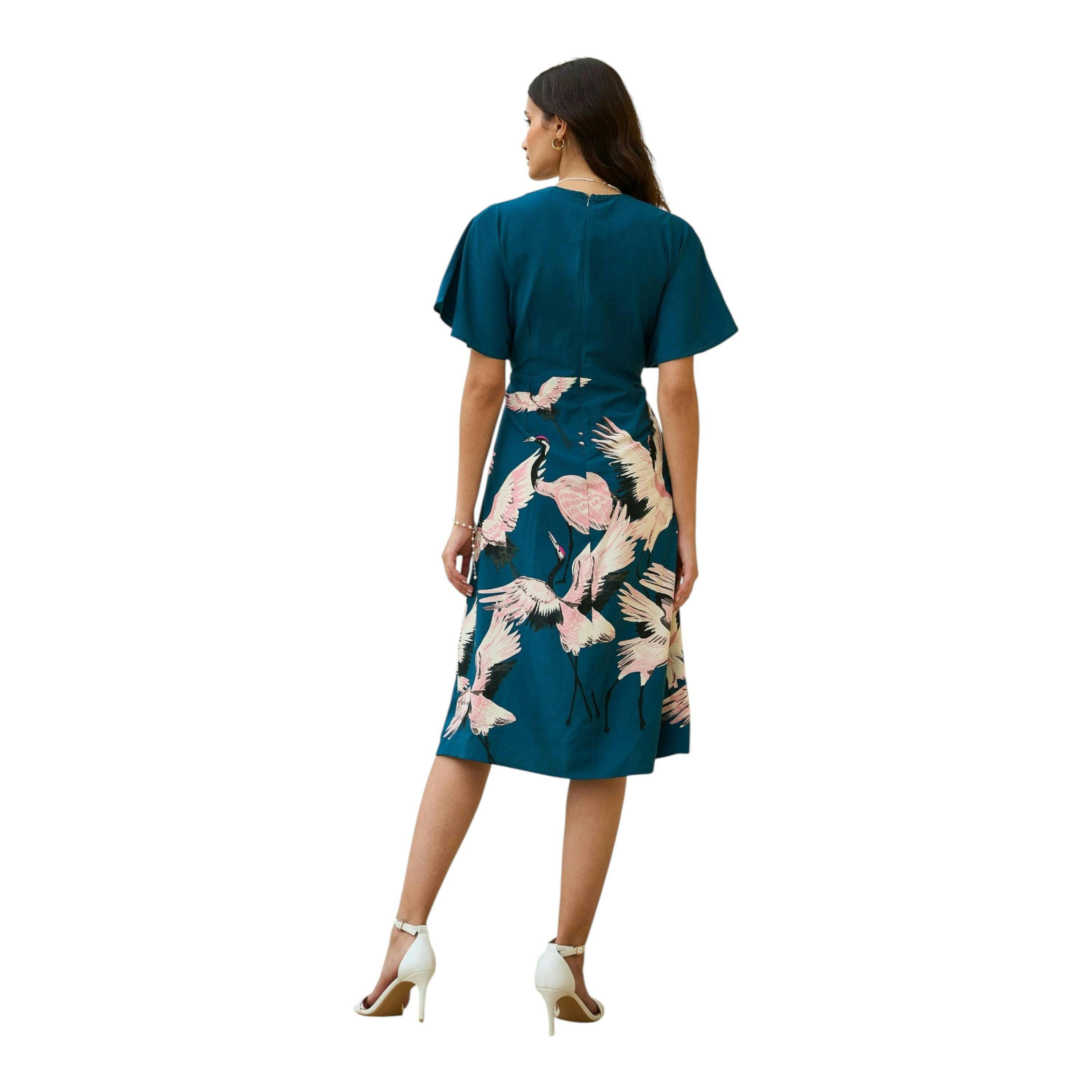Yumi Teal Recycled Fabric Crane Print Kimono Midi Dress , view 6 of 6