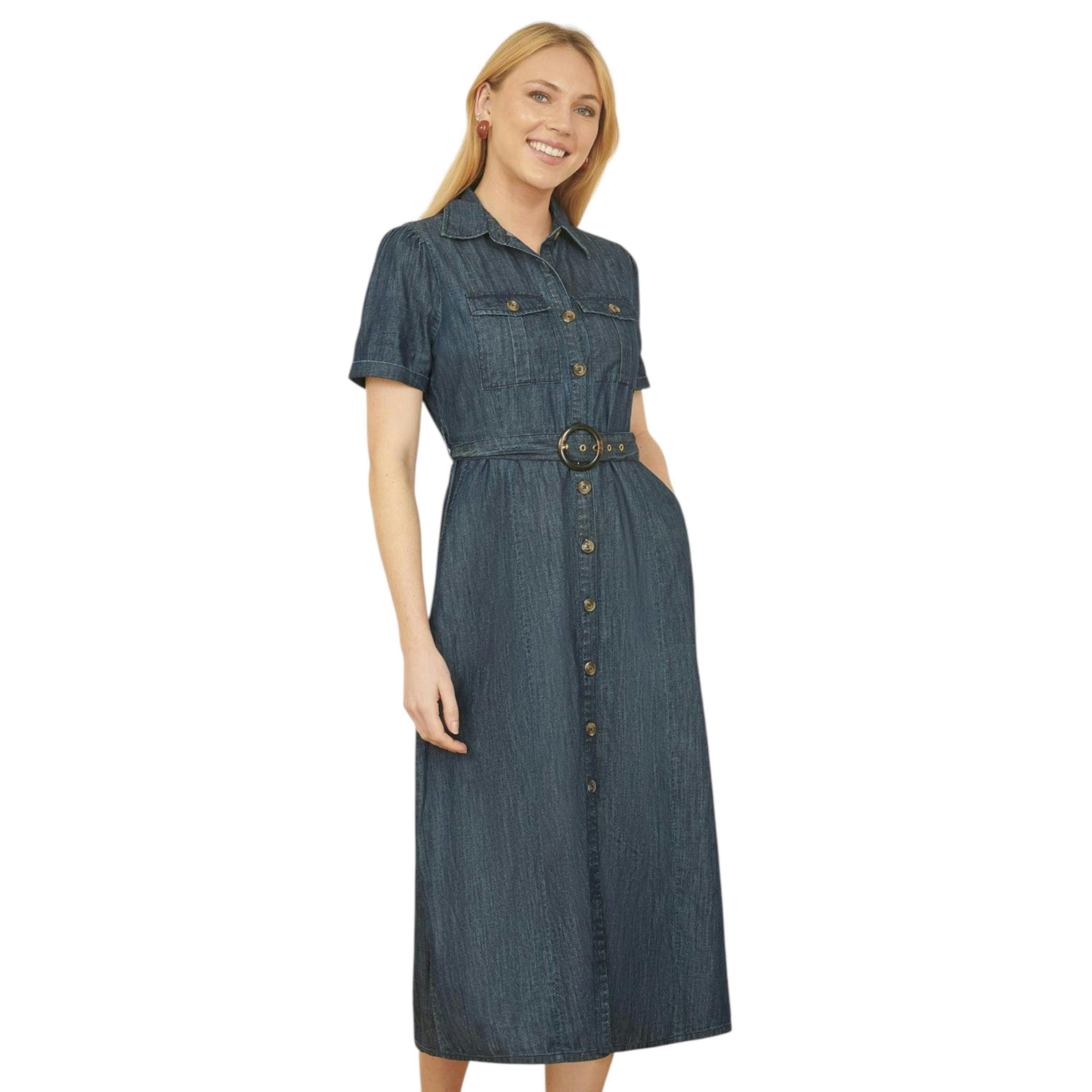 Yumi Blue Chambray Utility Midi Denim Shirt Dress , view 1 of 5