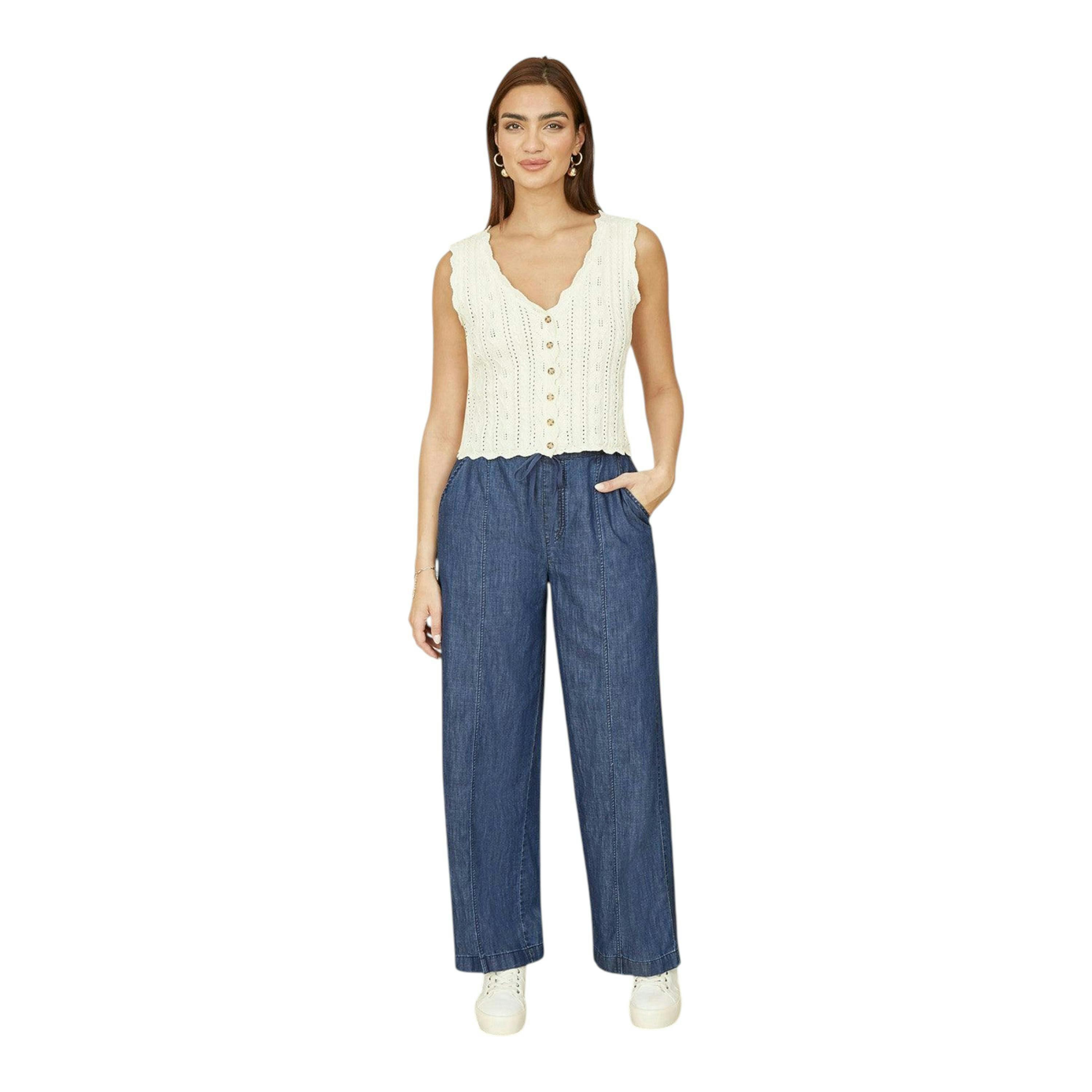 Yumi Blue Chambray Relaxed Fit Wide Leg Trousers , view 1 of 3