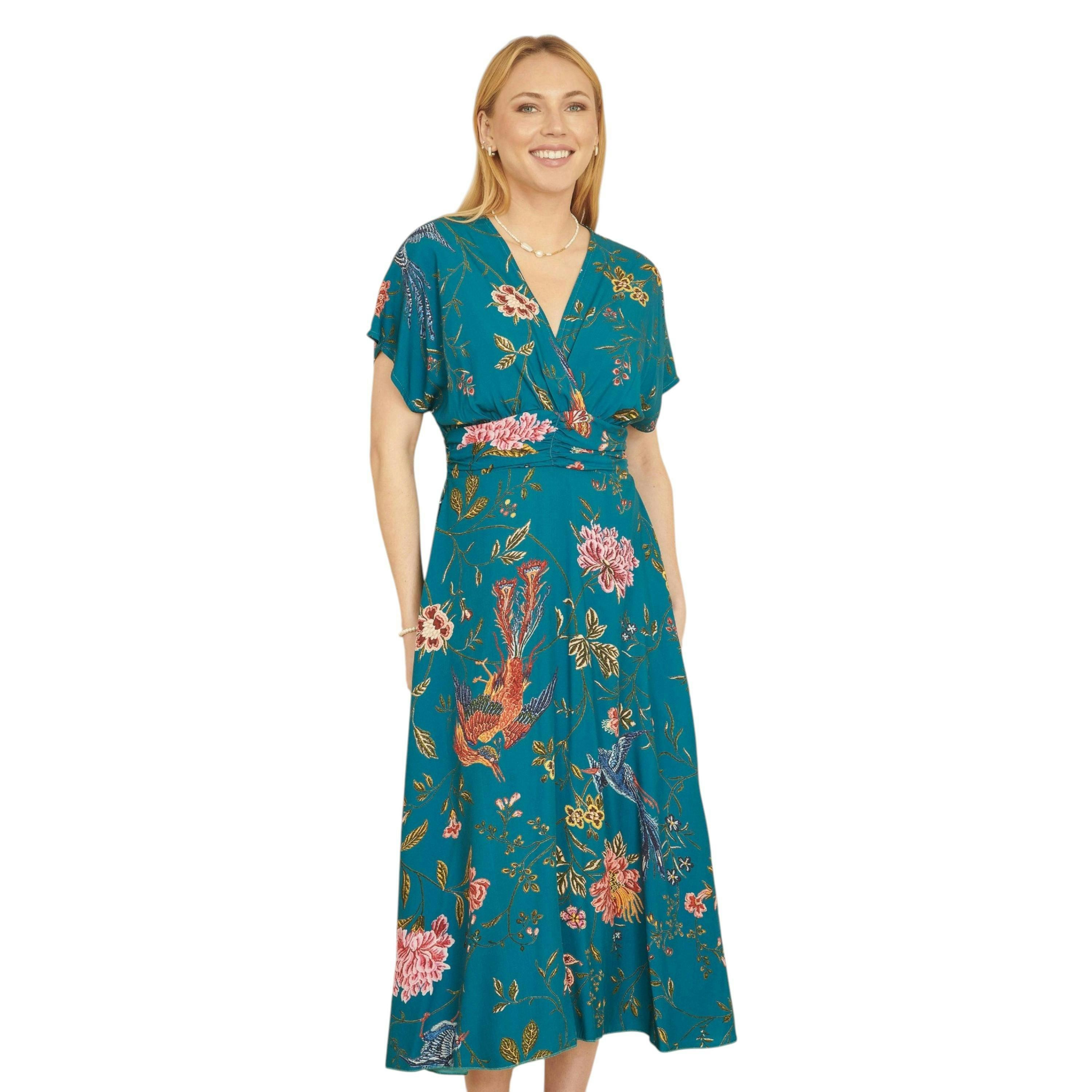 Yumi Teal Bird and Floral Print Ruched Waist Kimono Midi Dress , view 1 of 4