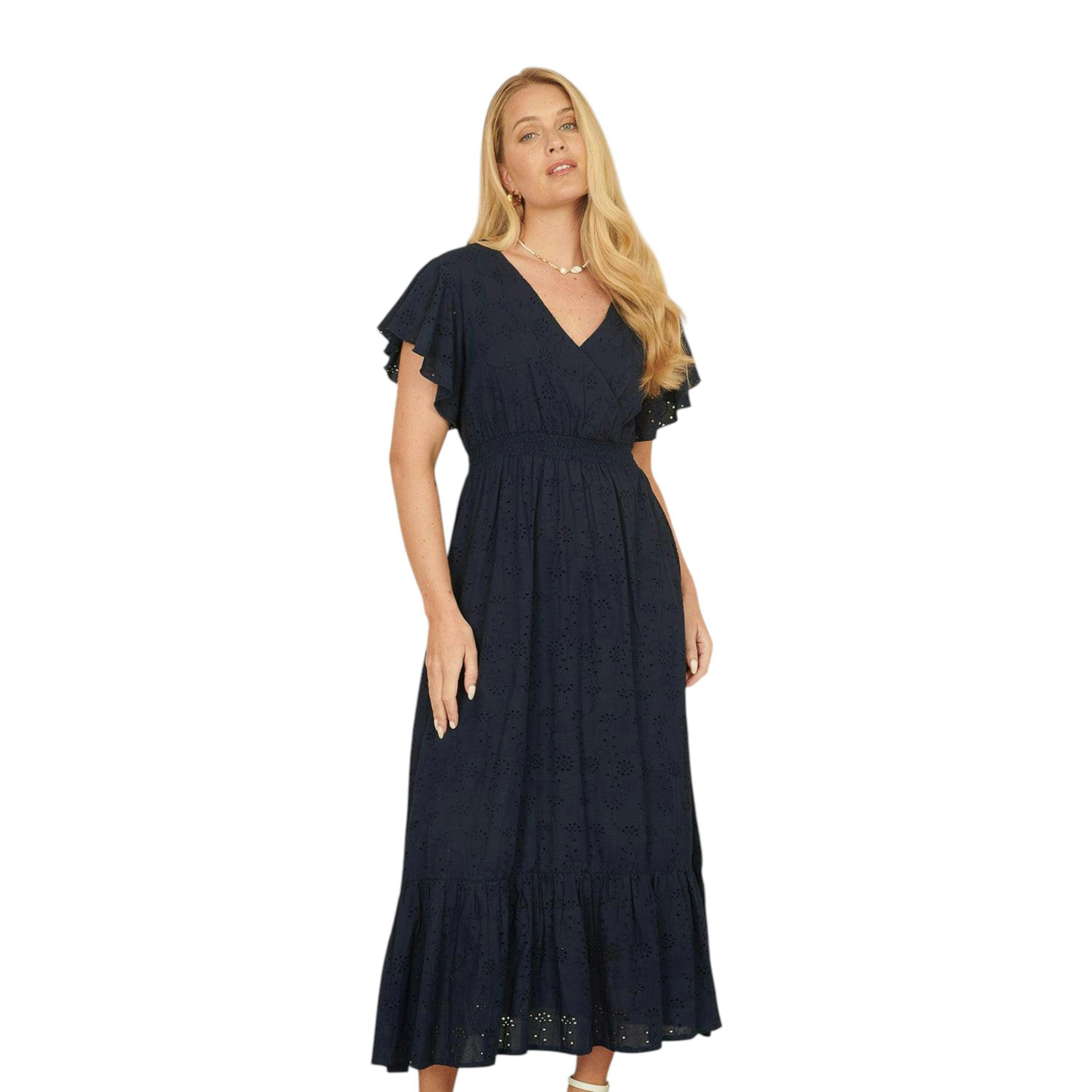 Yumi Navy Cotton Broderie Anglaise Wrap Midi Dress , view 1 of 5