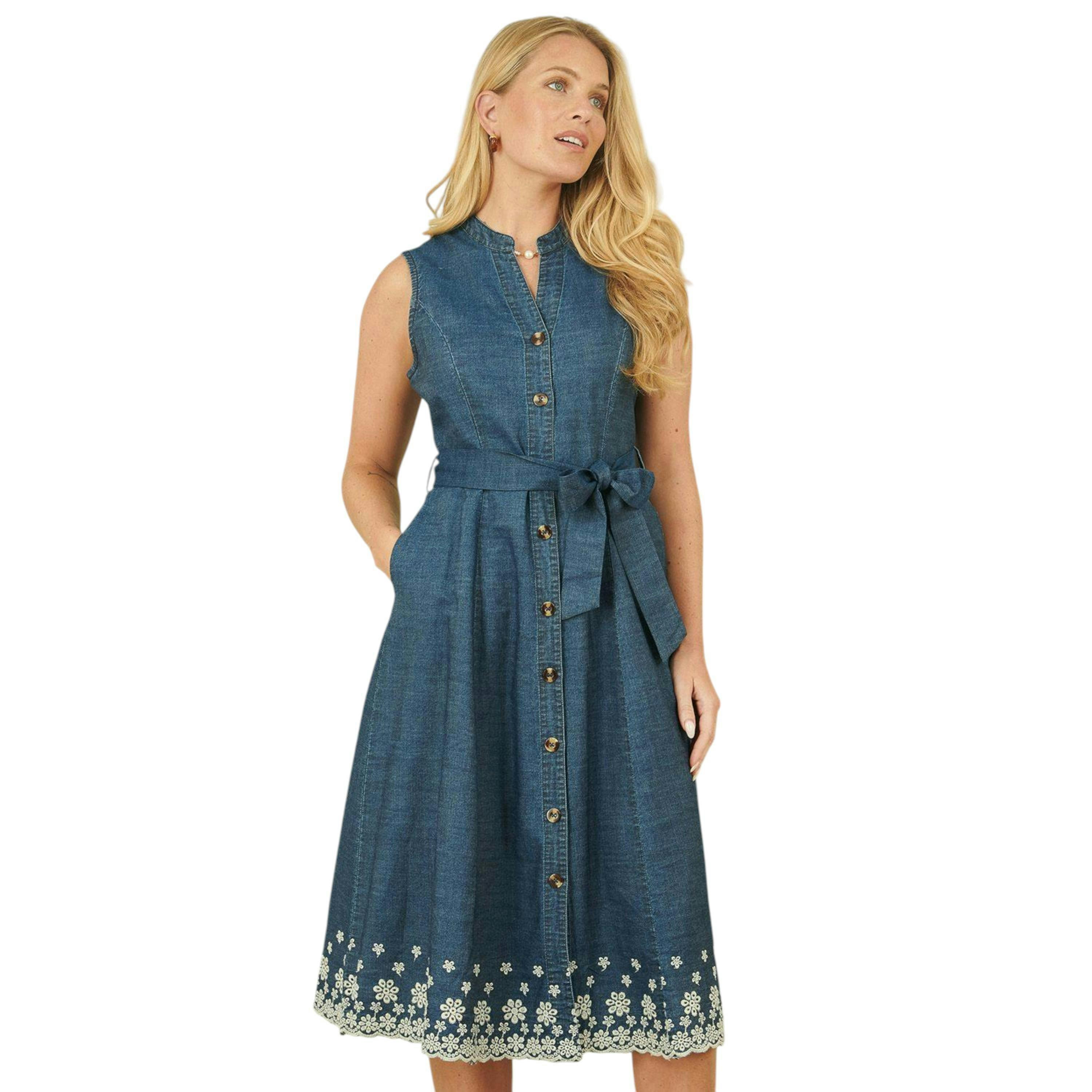 Yumi Blue Chambray Cotton Midi Embroidered Shirt Dress , view 1 of 4