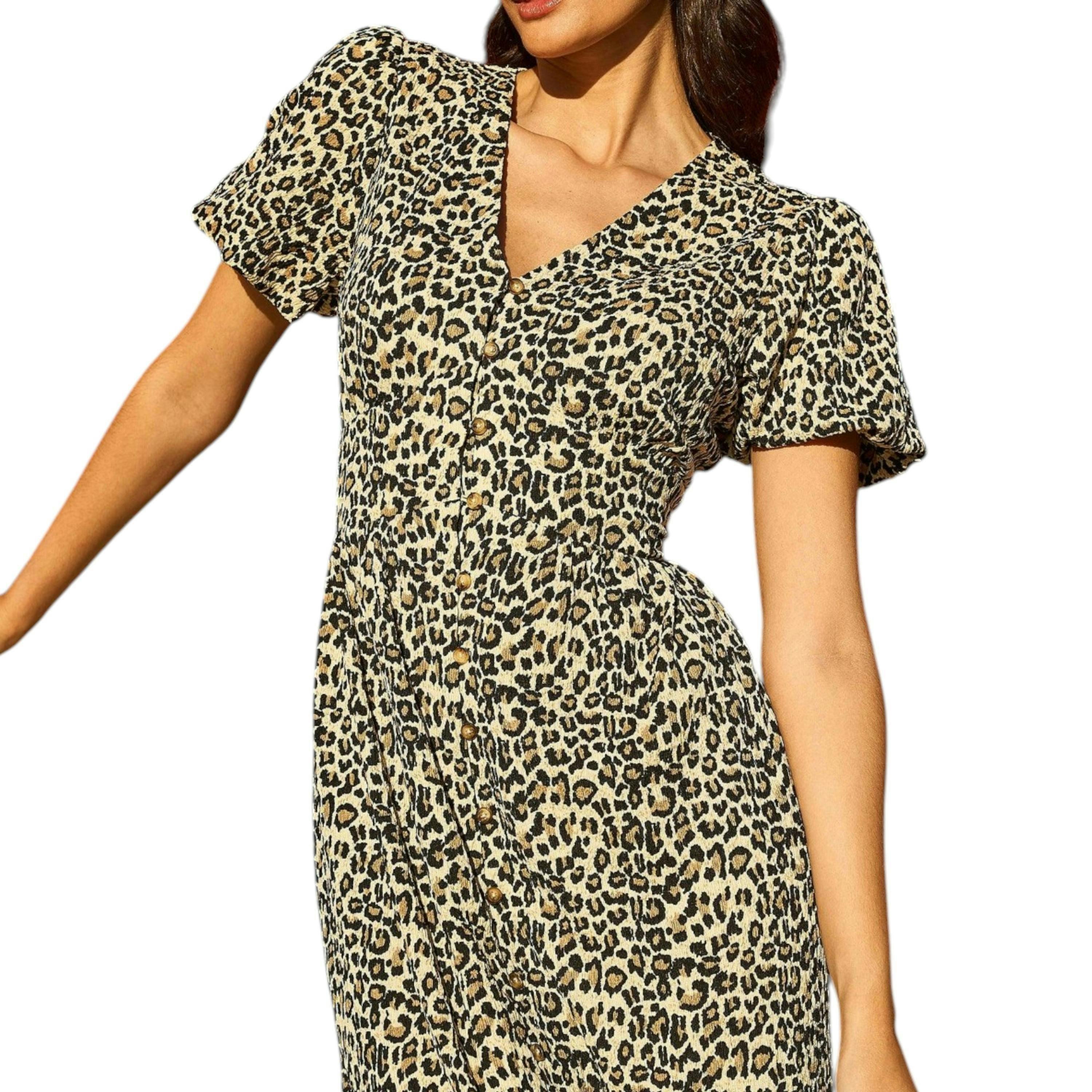 Yumi Brown Leopard Print Pleated Button Through Midi Dress , view 1 of 4
