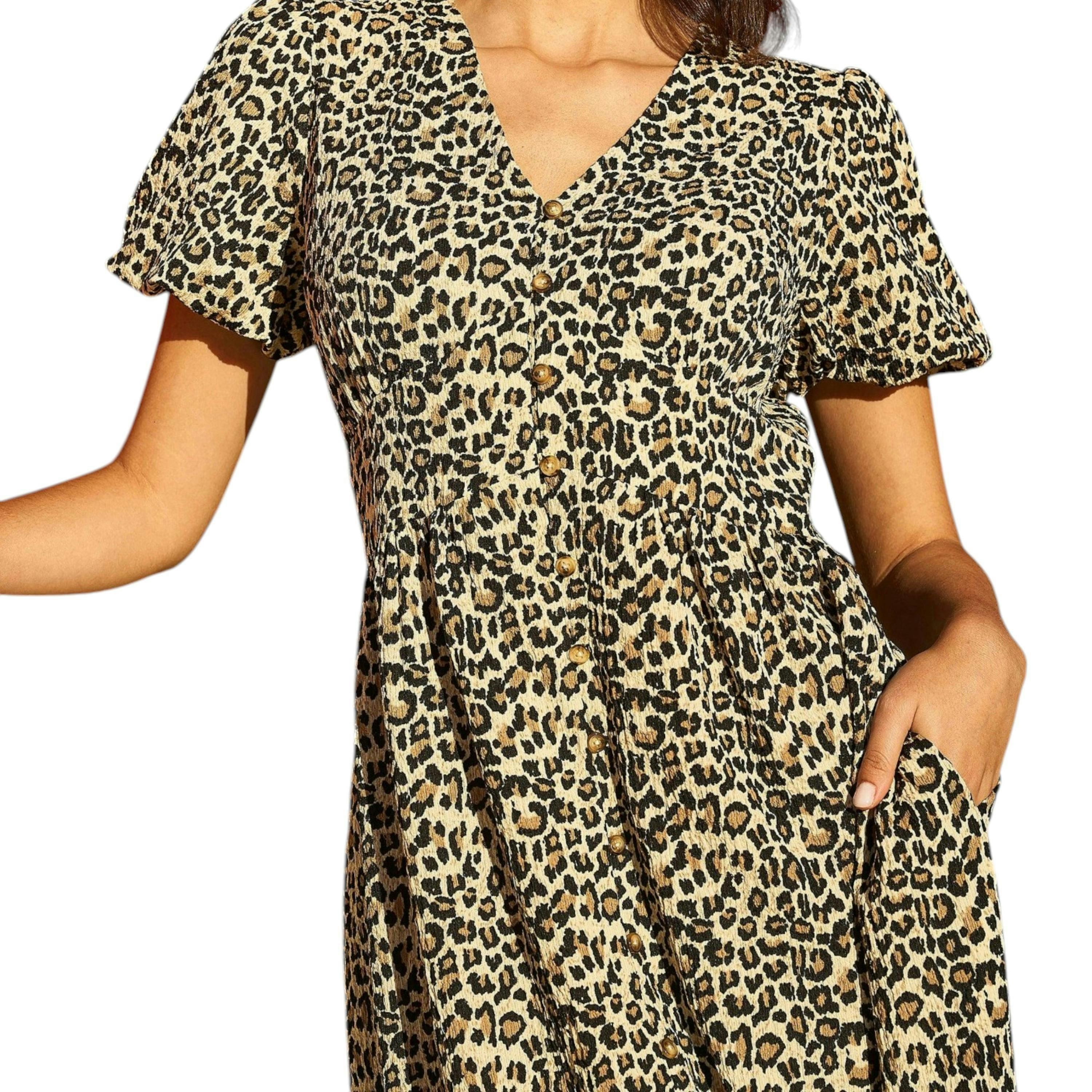 Yumi Brown Leopard Print Pleated Button Through Midi Dress , view 2 of 4
