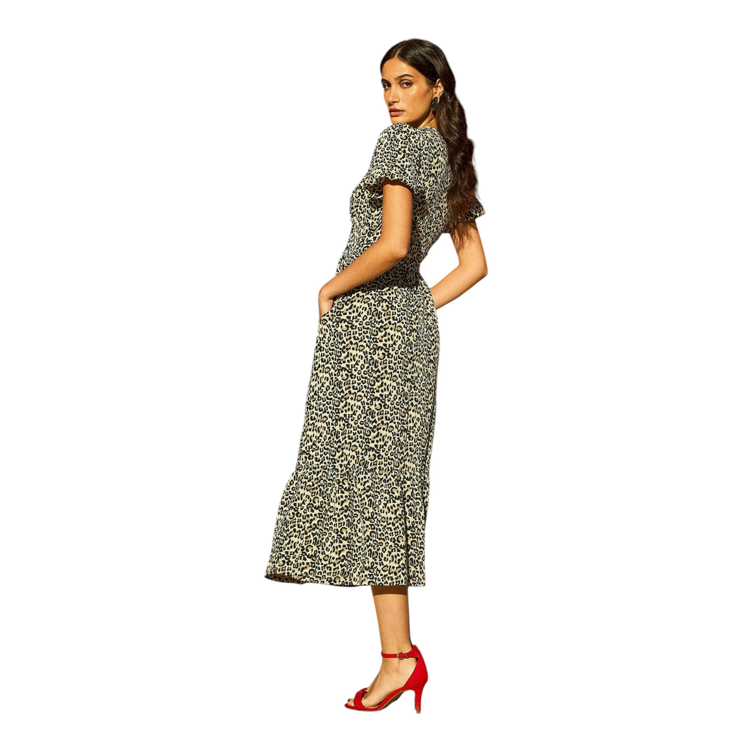 Yumi Brown Leopard Print Pleated Button Through Midi Dress , view 3 of 4