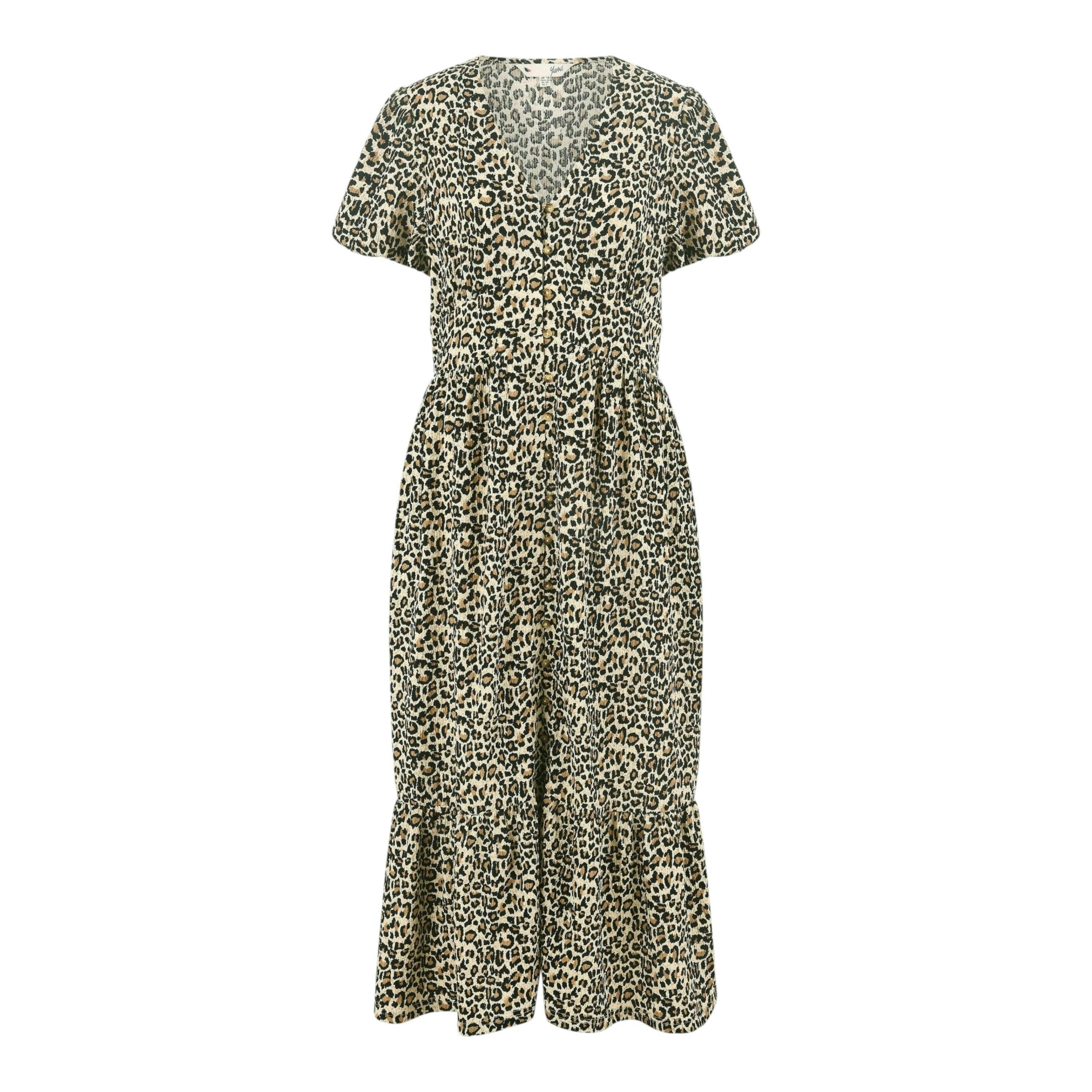 Yumi Brown Leopard Print Pleated Button Through Midi Dress , view 4 of 4
