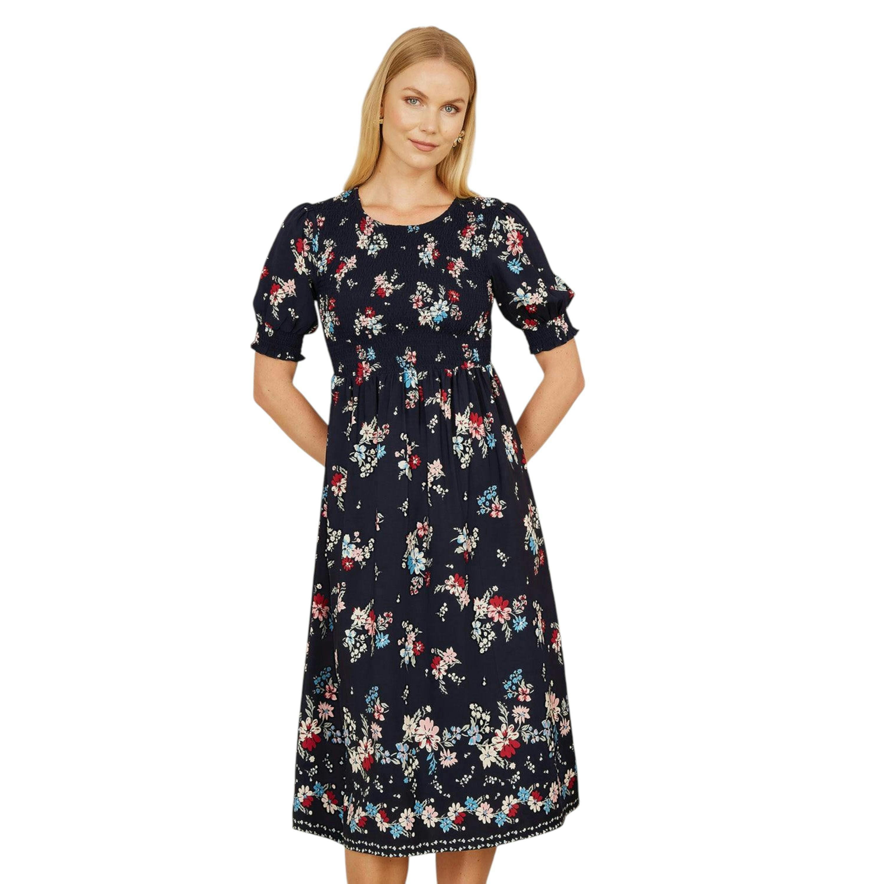 Yumi Navy Recycled Floral Ruched Midi Dress With Puff Sleeves , view 1 of 5