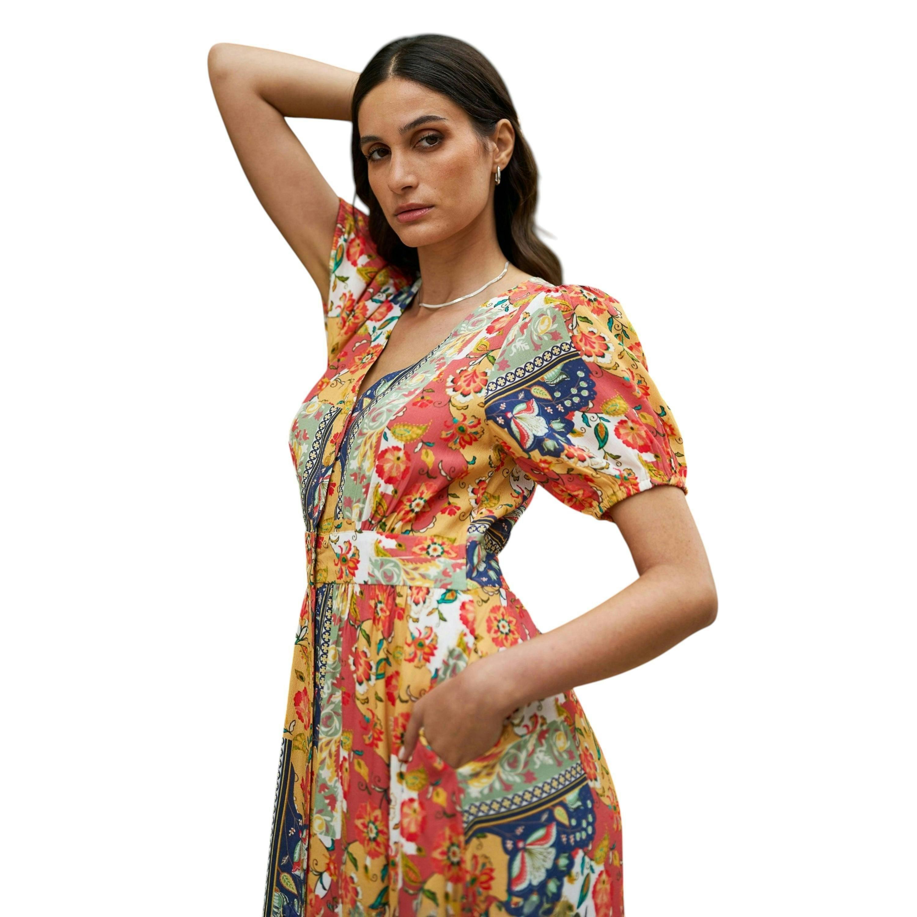 Yumi Multicolour Floral Patchwork Print Midi Shirt Dress , view 1 of 6