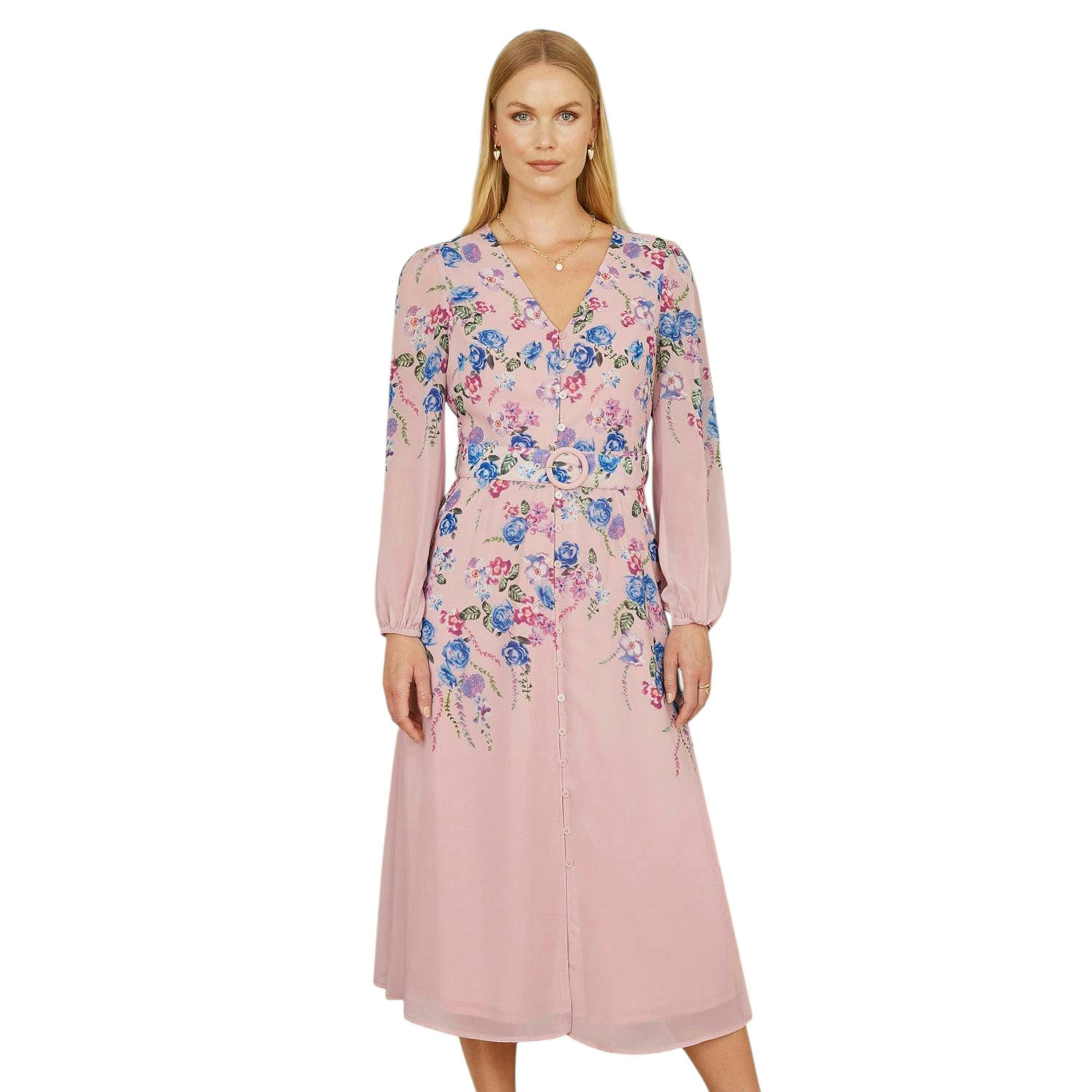 Yumi Pink Floral Placement Button Down Midi Dress With Long Sleeves , view 1 of 4