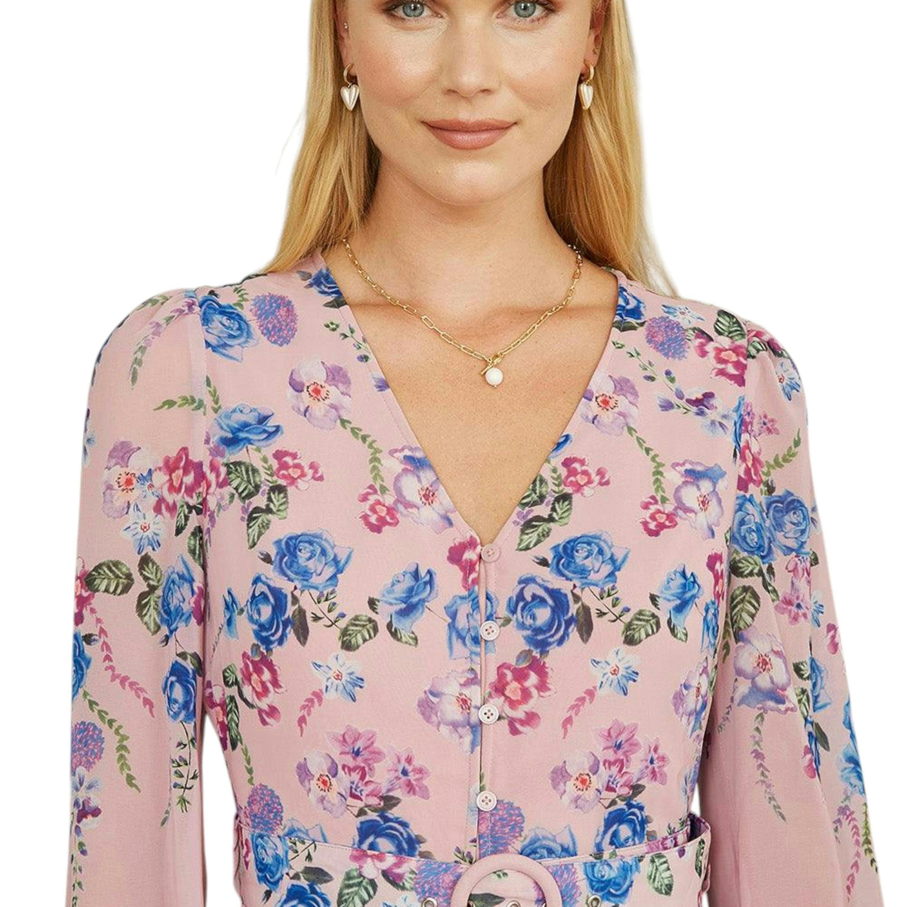 Yumi Pink Floral Placement Button Down Midi Dress With Long Sleeves , view 2 of 4