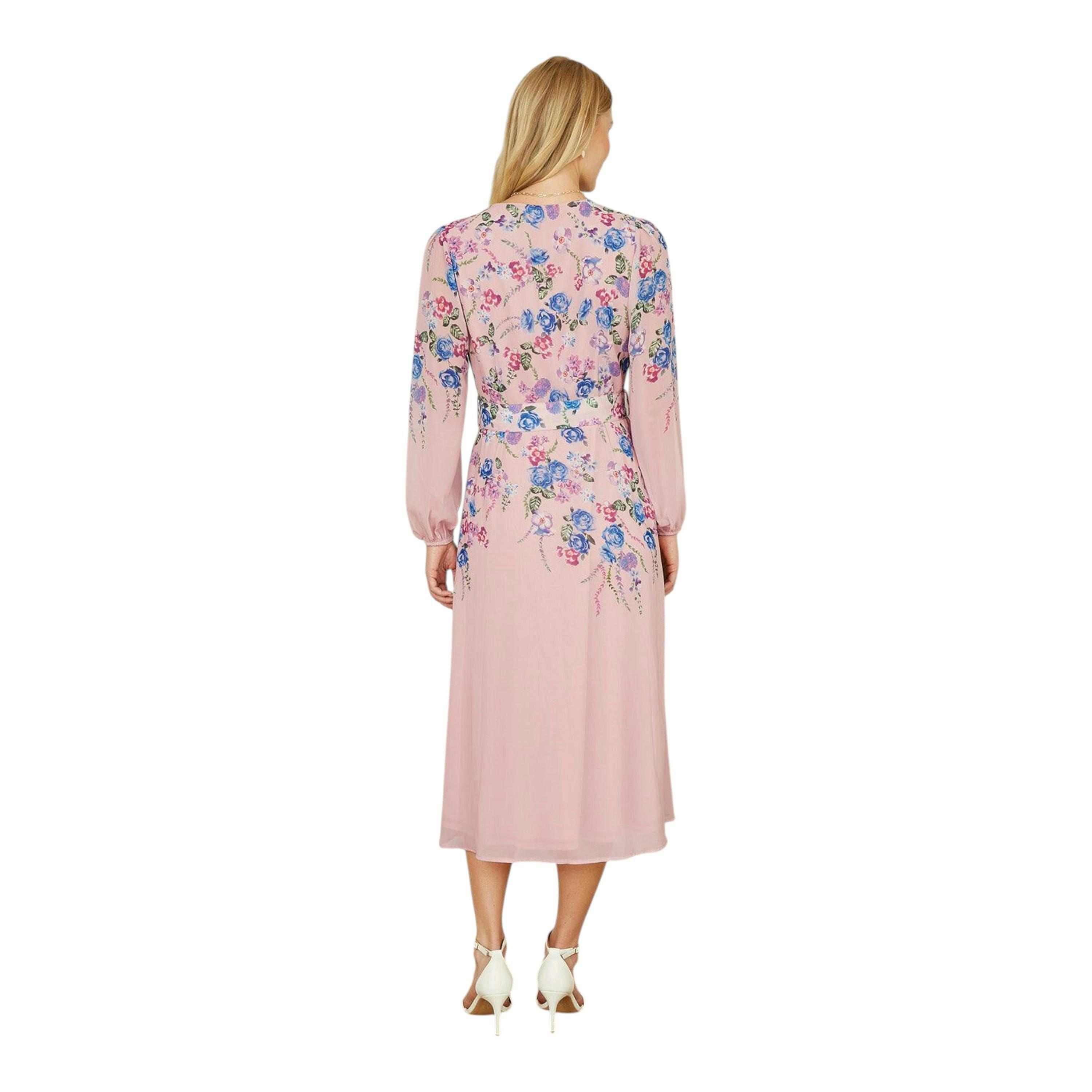 Yumi Pink Floral Placement Button Down Midi Dress With Long Sleeves , view 3 of 4