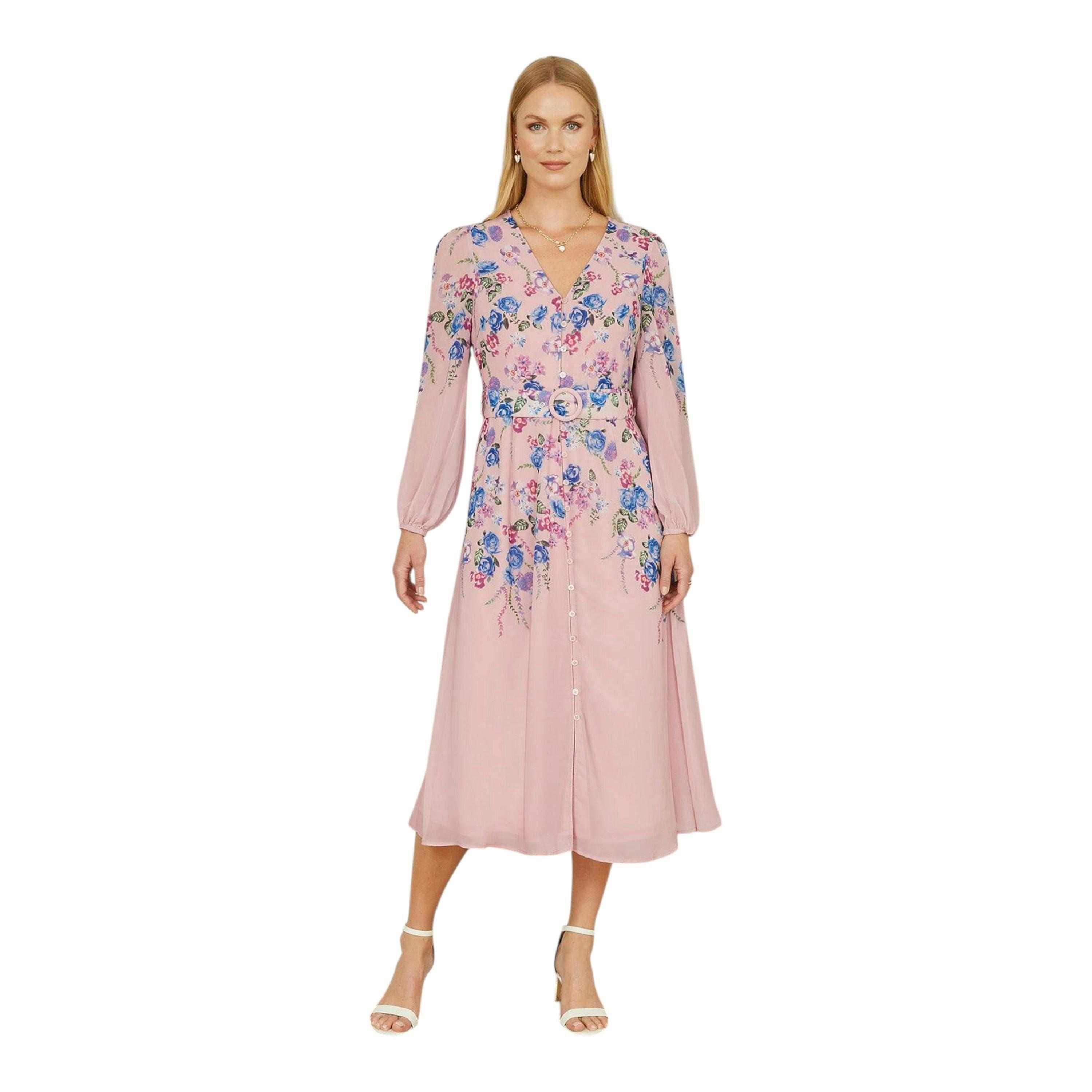 Yumi Pink Floral Placement Button Down Midi Dress With Long Sleeves , view 4 of 4