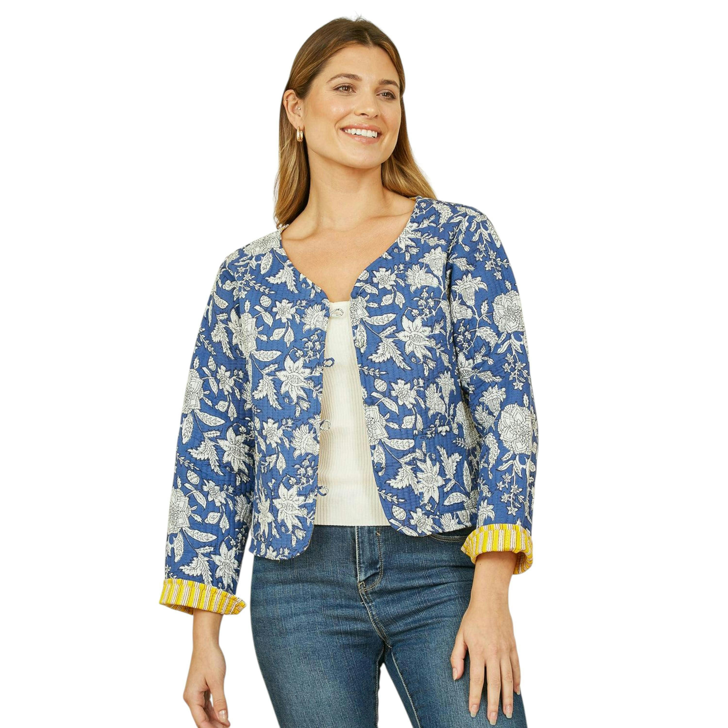 Yumi Blue Floral Reversible Cotton Quilted Jacket , view 1 of 4