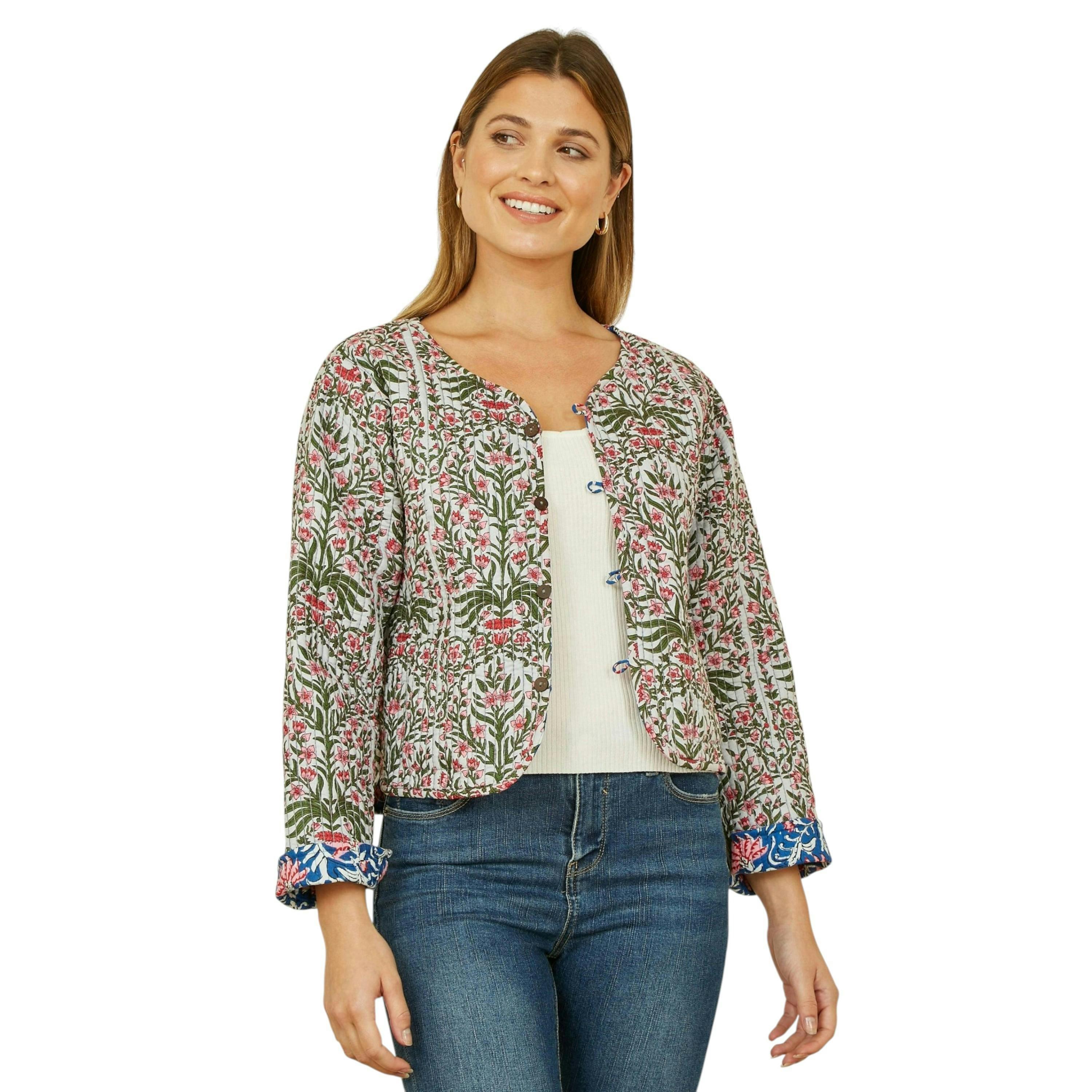 Yumi Blue Floral Reversible Cotton Quilted Jacket , view 1 of 4