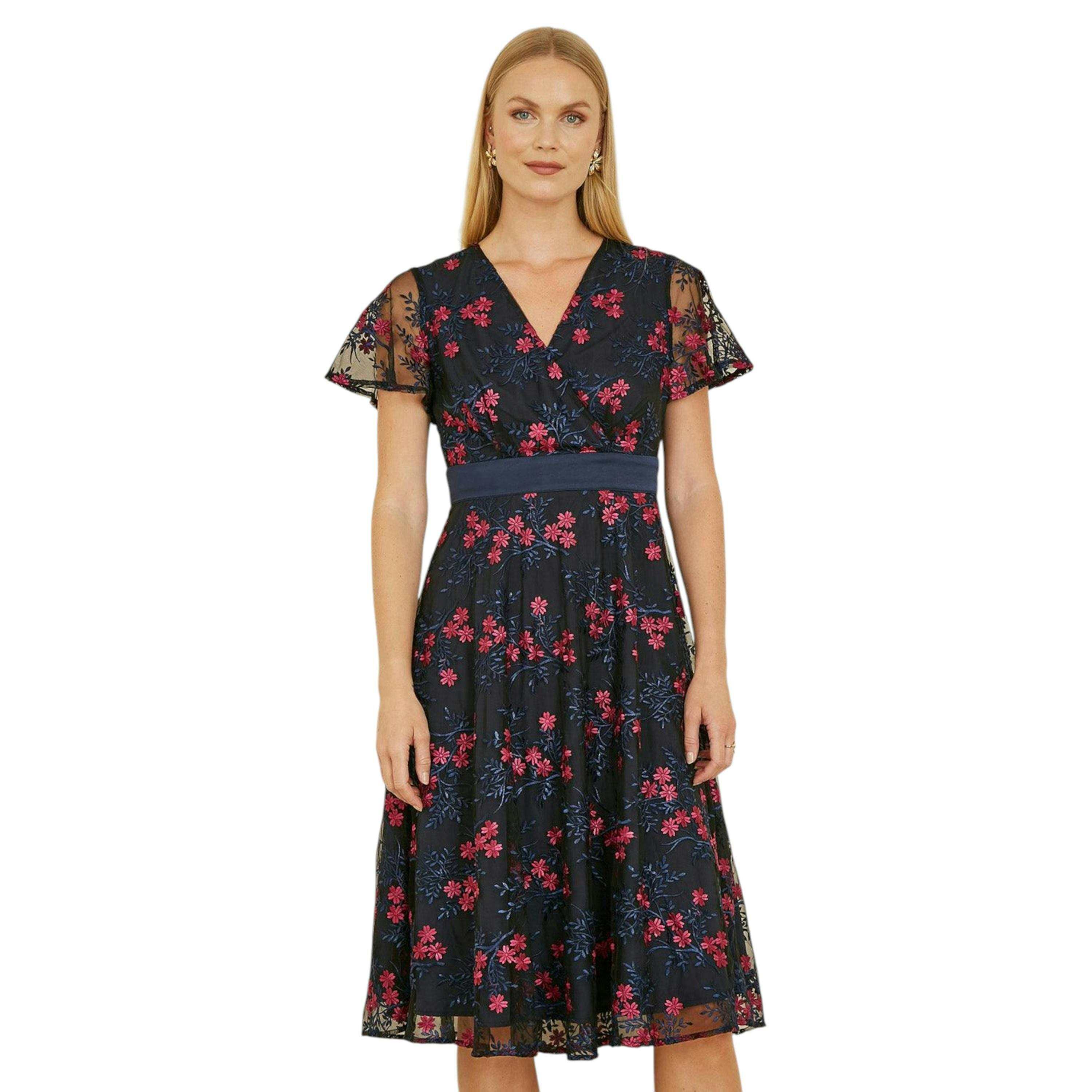 Yumi Navy Embroidered Floral Mesh Wrap Midi Skater Dress , view 1 of 4