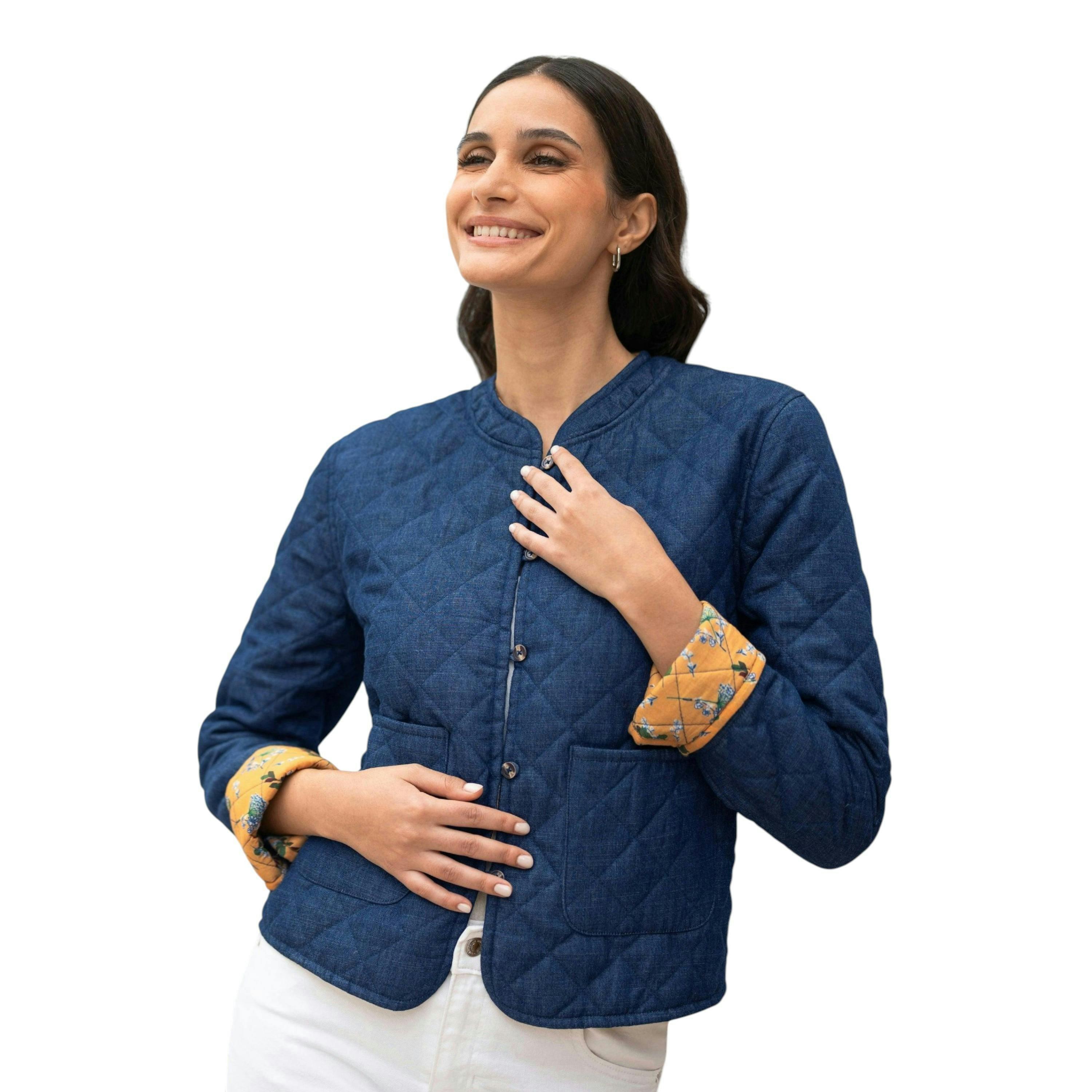 Yumi Blue Chambray Quilted Jacket With Reversible Floral Lining , view 1 of 6