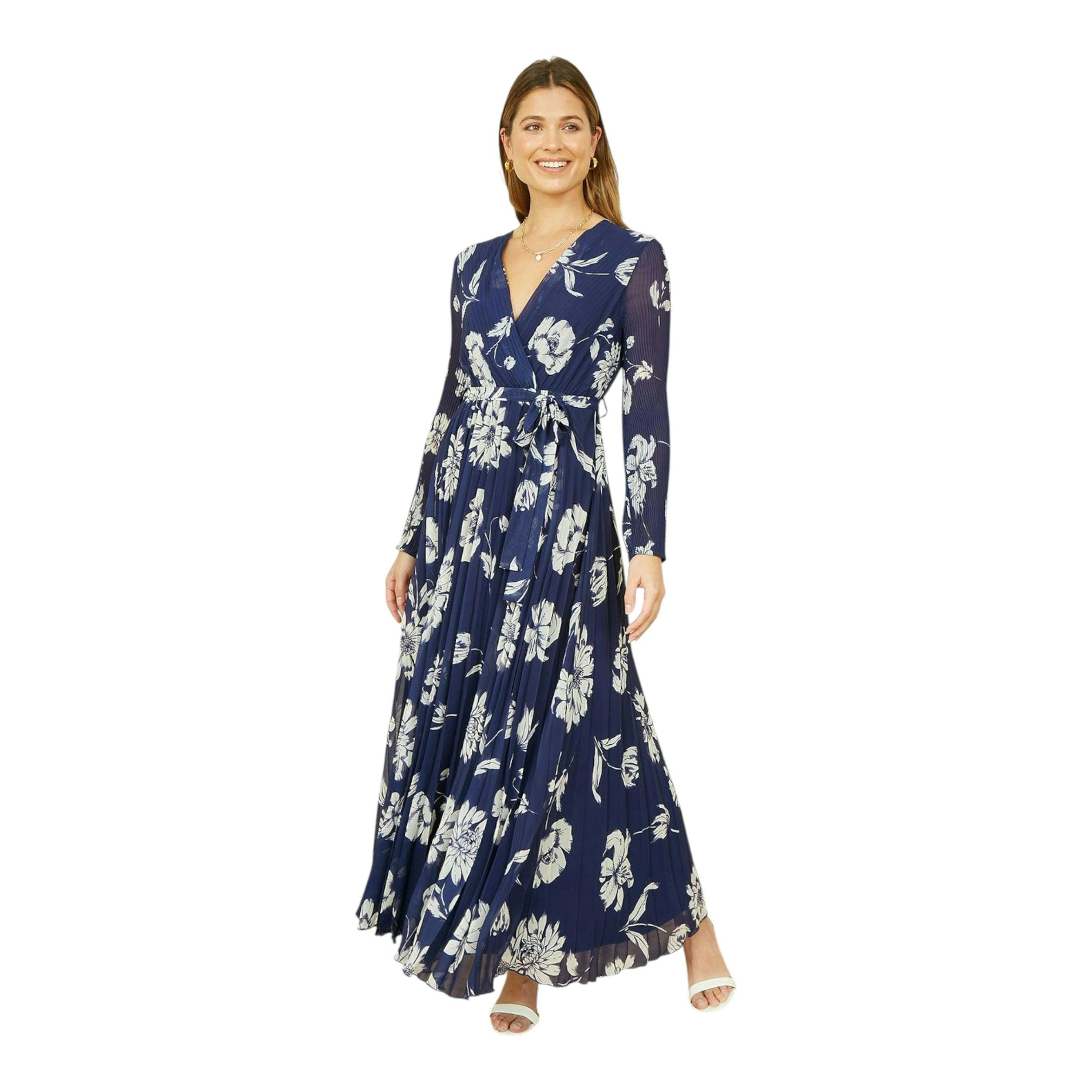 Yumi Navy Floral Pleated Midi Wrap Long Sleeve Dress , view 1 of 5