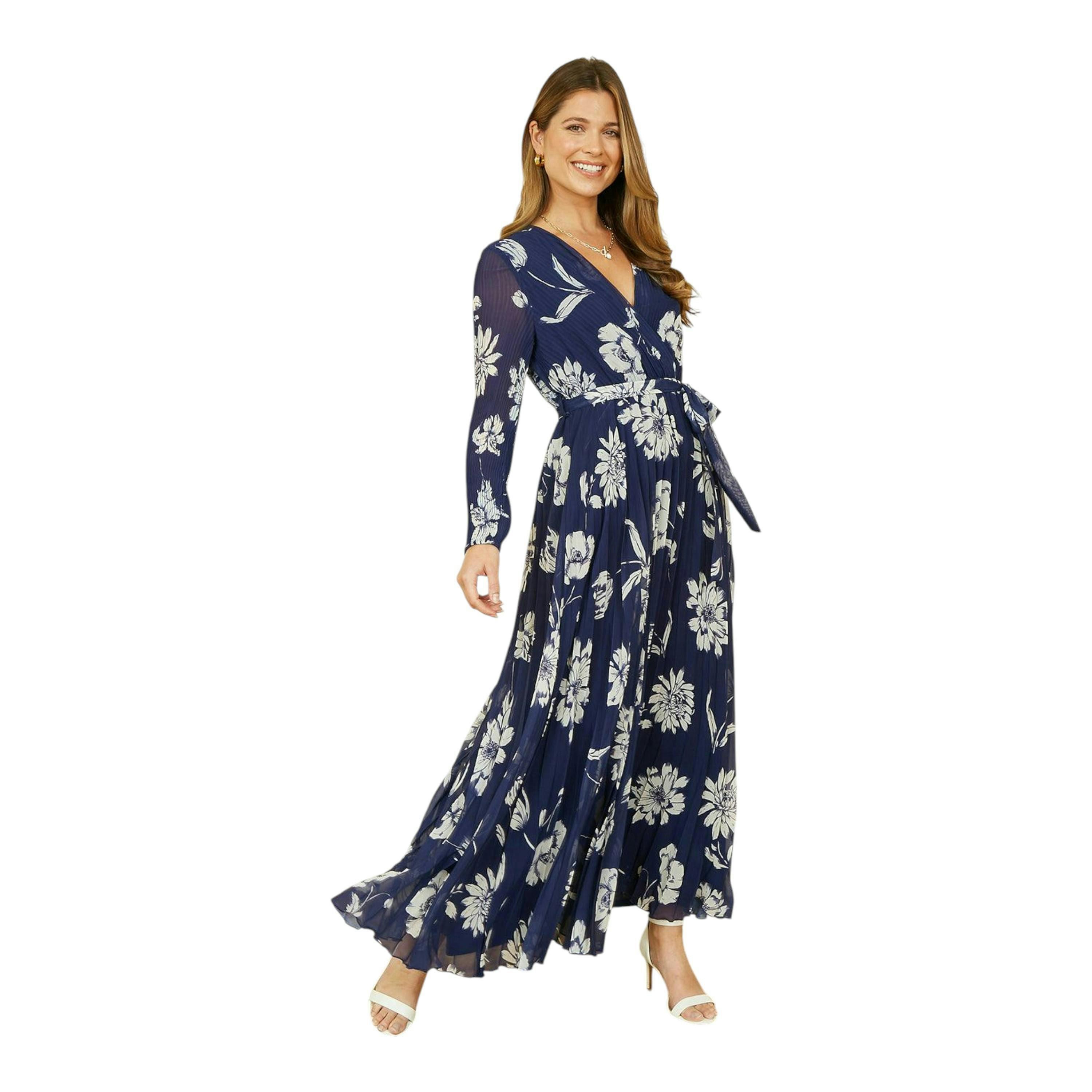 Yumi Navy Floral Pleated Midi Wrap Long Sleeve Dress , view 2 of 5