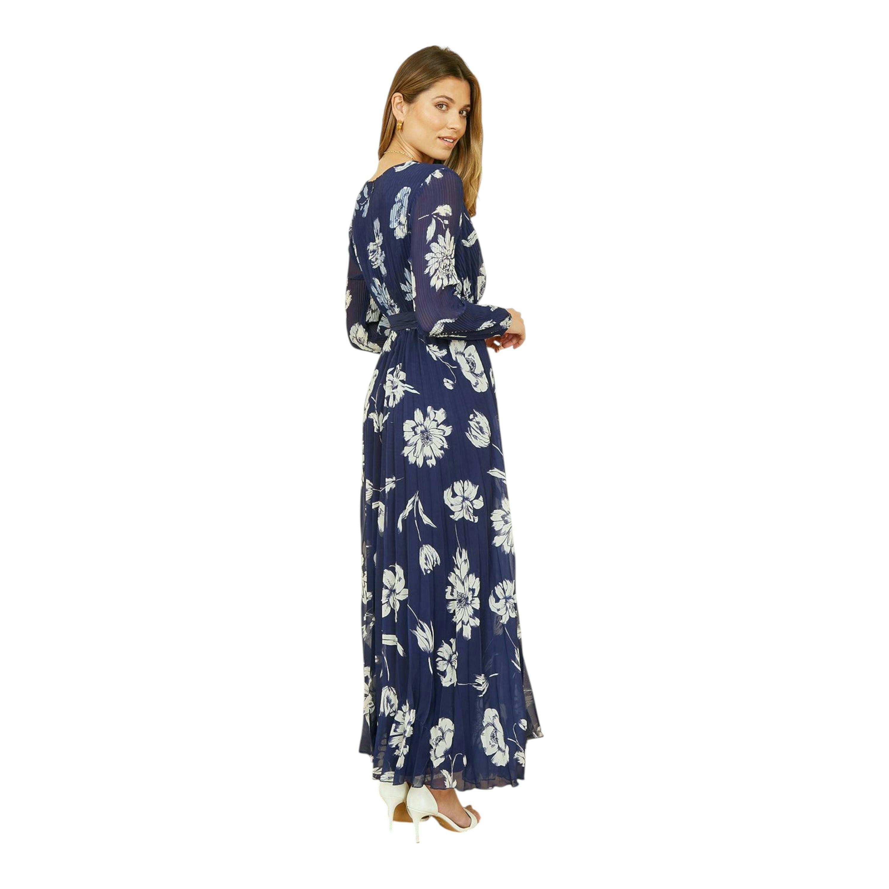 Yumi Navy Floral Pleated Midi Wrap Long Sleeve Dress , view 4 of 5