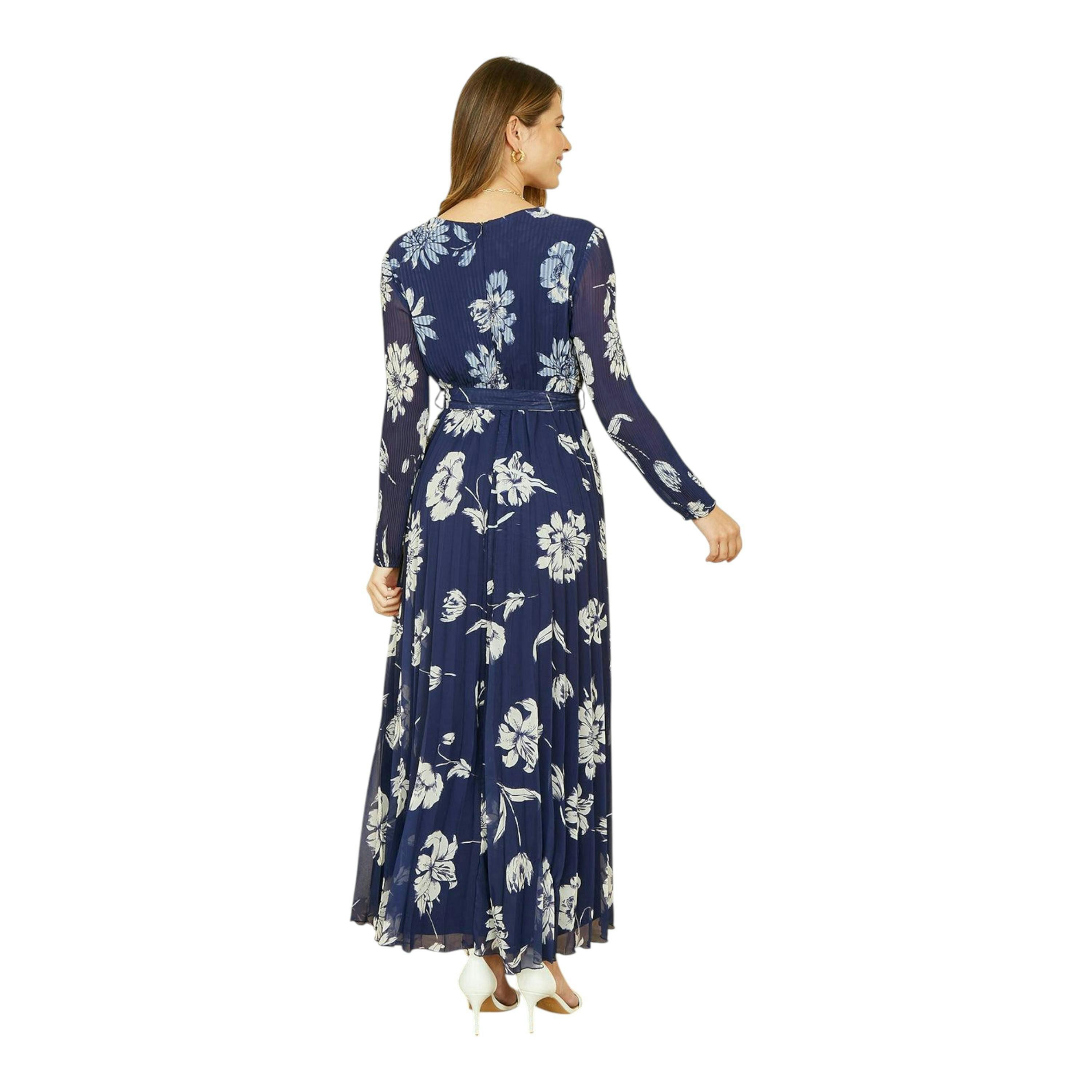 Yumi Navy Floral Pleated Midi Wrap Long Sleeve Dress , view 5 of 5