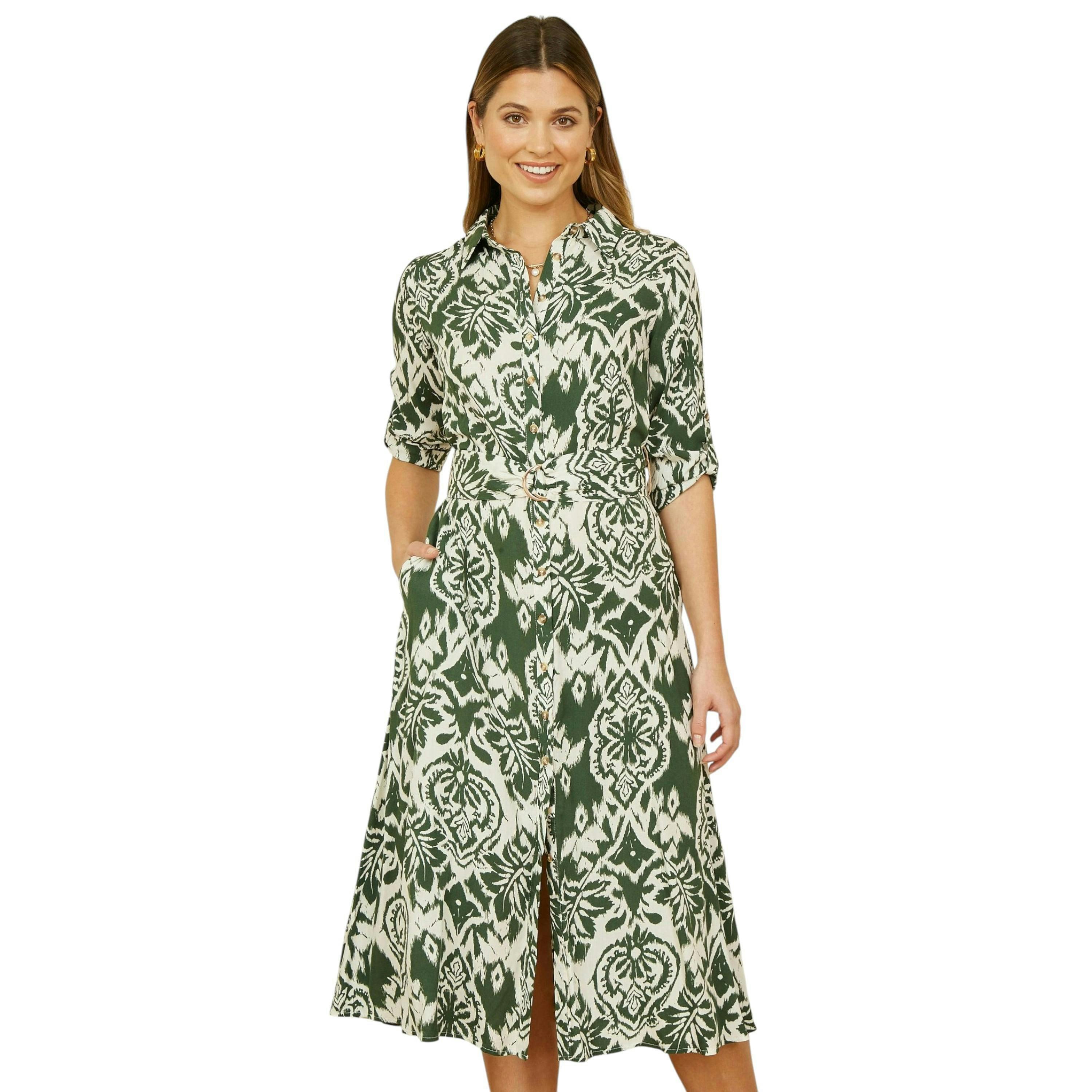 Yumi Green Ikat Geo Print Midi Shirt Dress , view 1 of 5