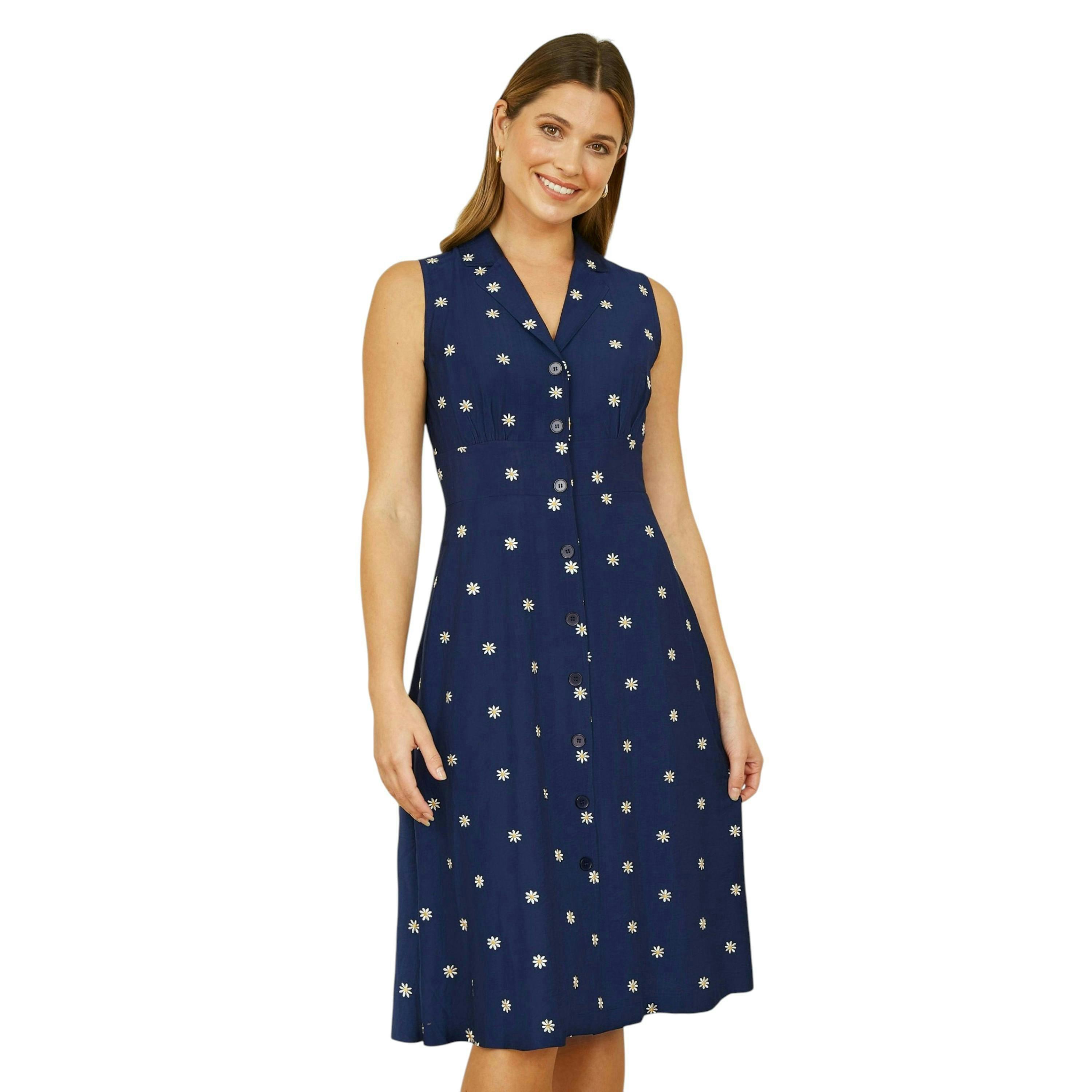 Yumi Navy Daisy Print Embroidered Sleeveless Shirt Dress , view 1 of 5