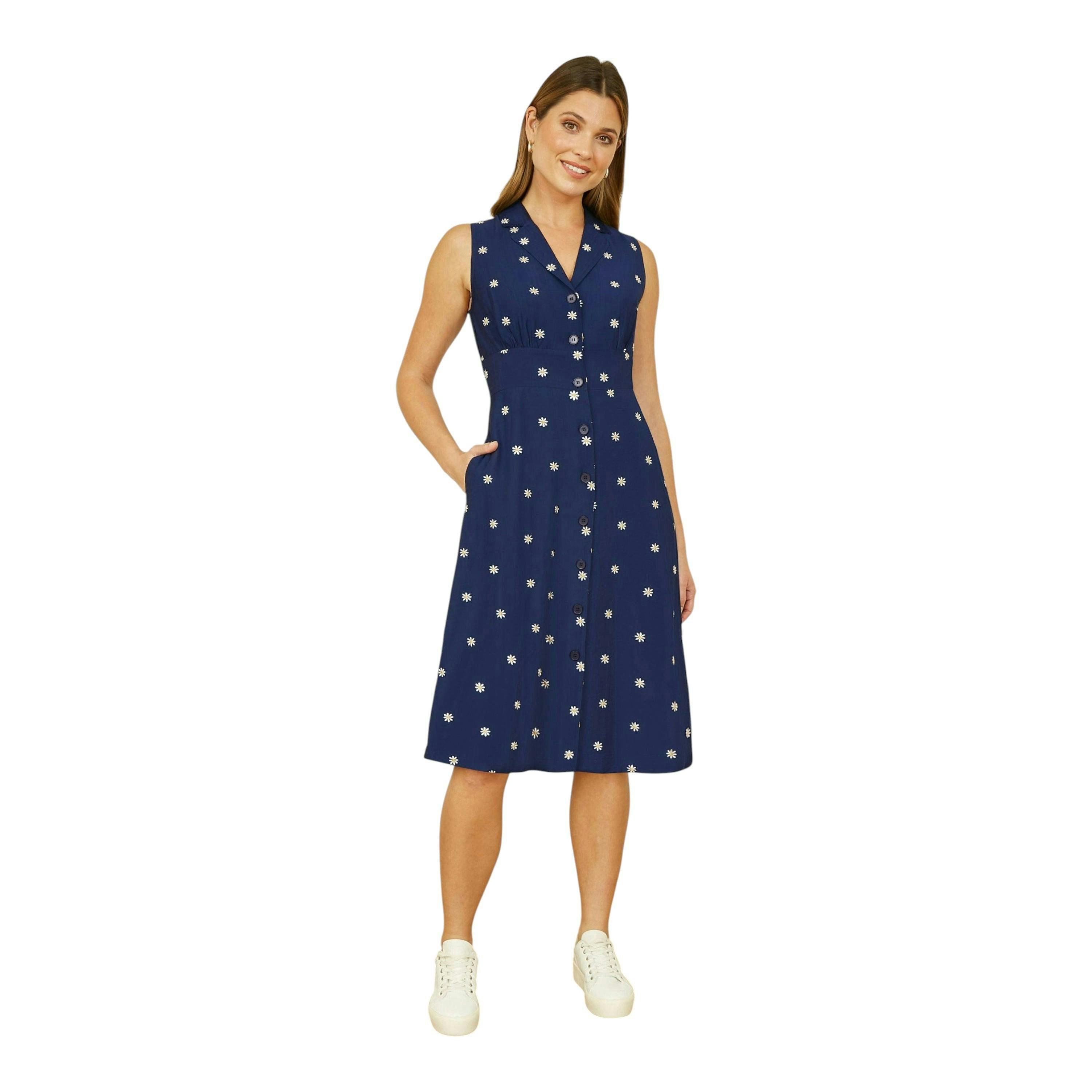 Yumi Navy Daisy Print Embroidered Sleeveless Shirt Dress , view 2 of 5