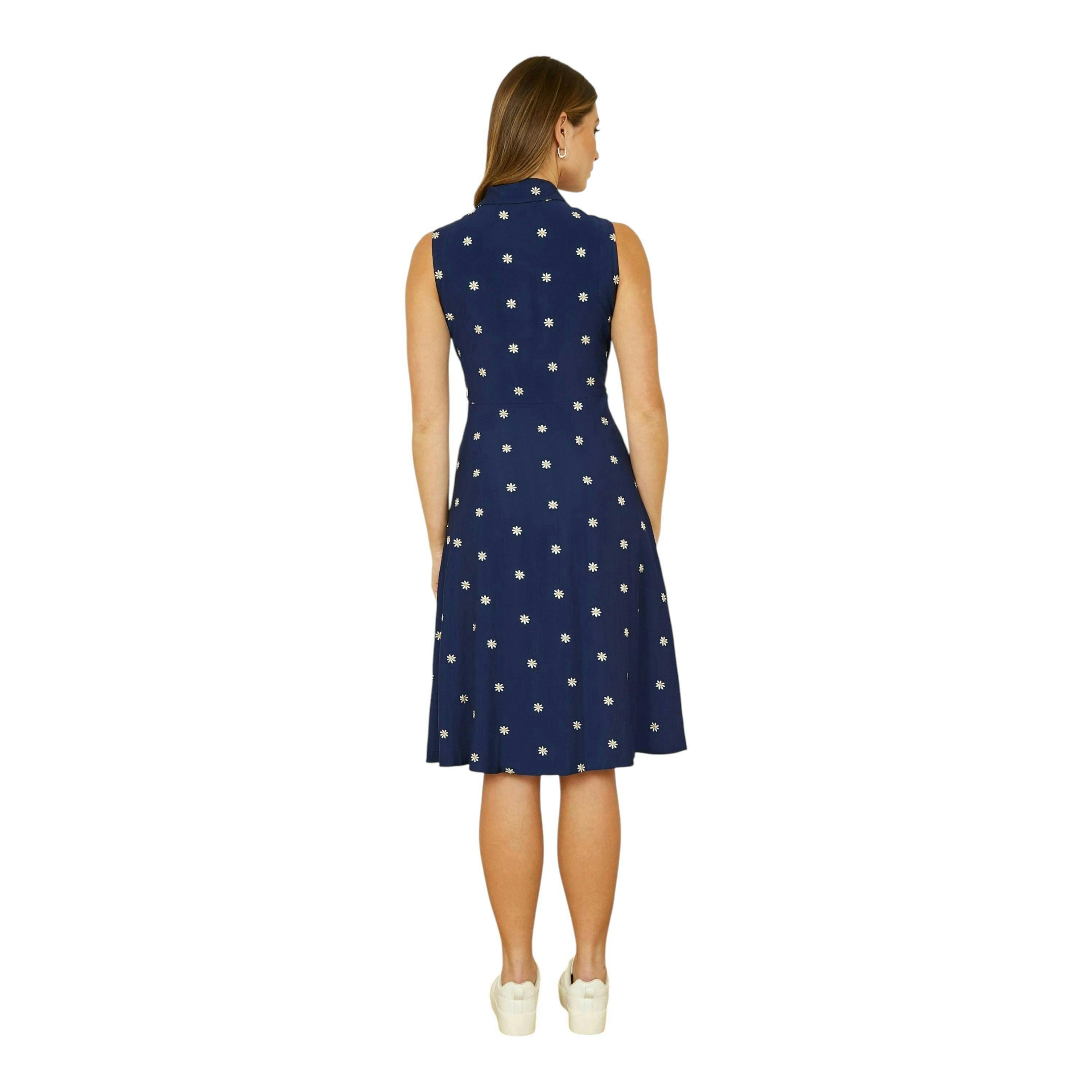Yumi Navy Daisy Print Embroidered Sleeveless Shirt Dress , view 4 of 5